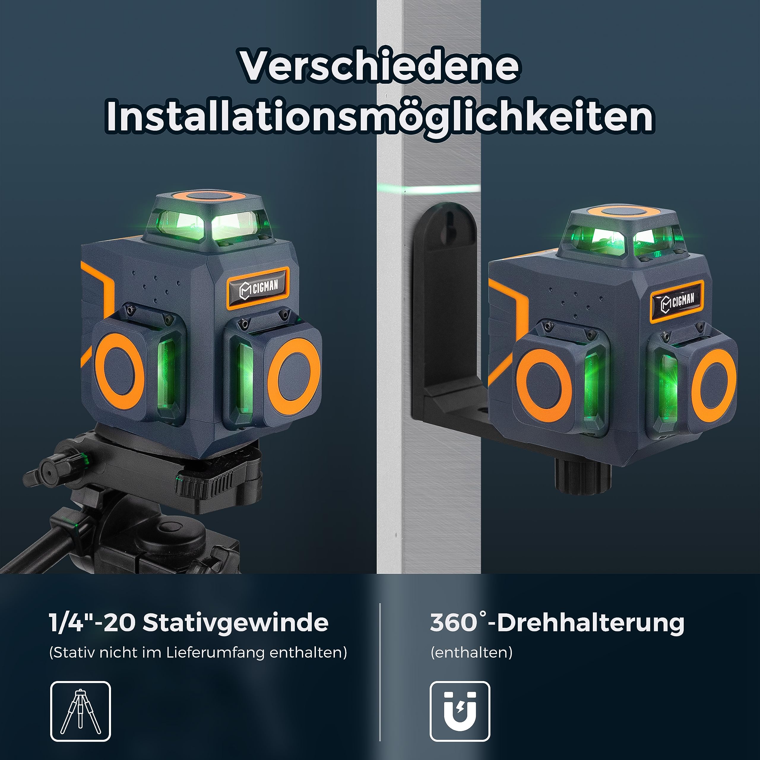 CIGMAN Kreuzlinienlaser Grün 3 x 360 Grad Laser Wasserwaage Nivellierlaser mit wiederaufladbarer Lithiumbatterie und Fernbedienung, einstellbare Helligkeit zum Energiesparen, CM701SE