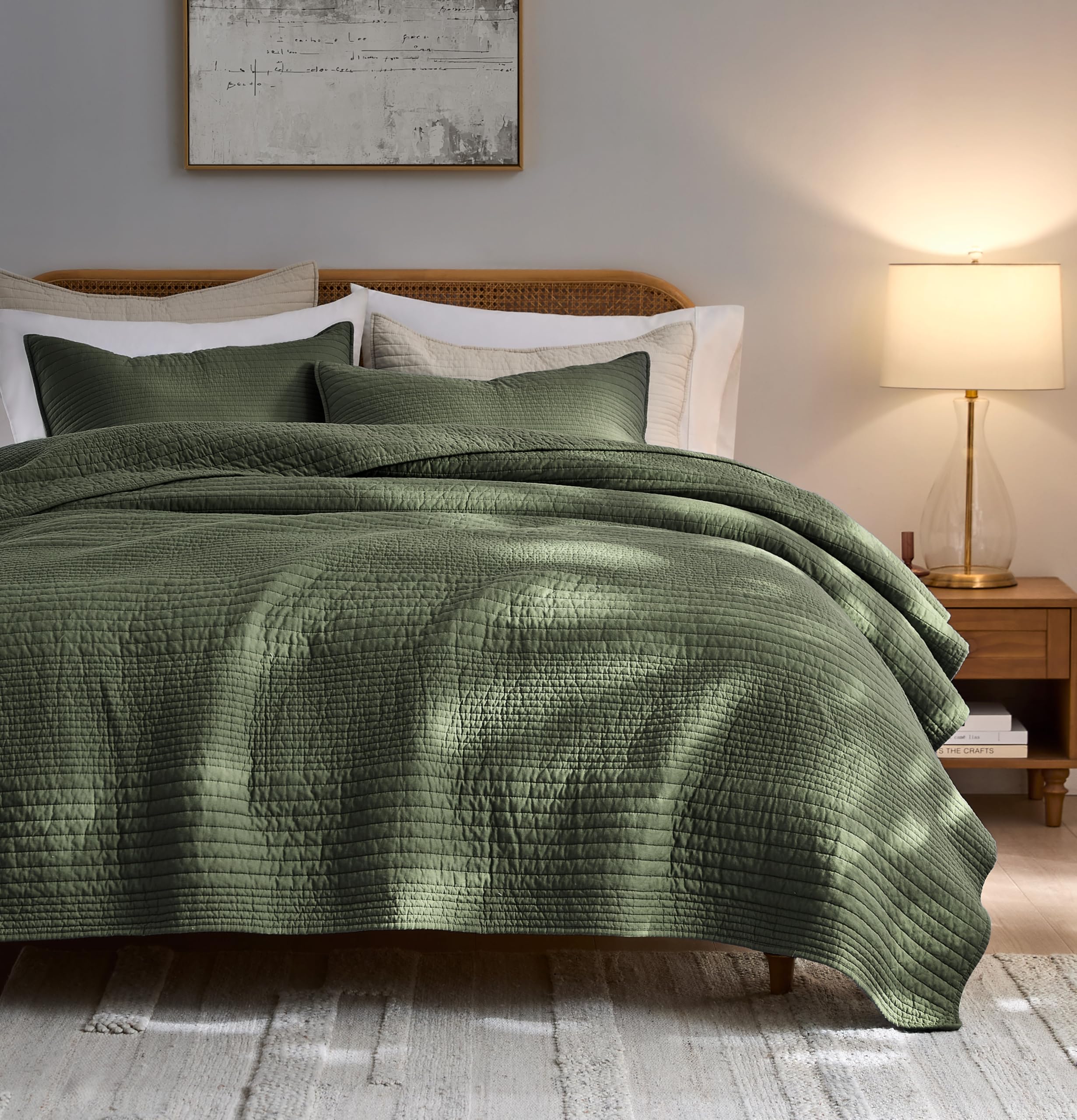 palassio Striped Olive Green 100% Cotton Quilt Queen Size Bedding Sets, Lightweight Crinkly Channel Pick Stitch Textured Bedspread Soft Shabby Chic