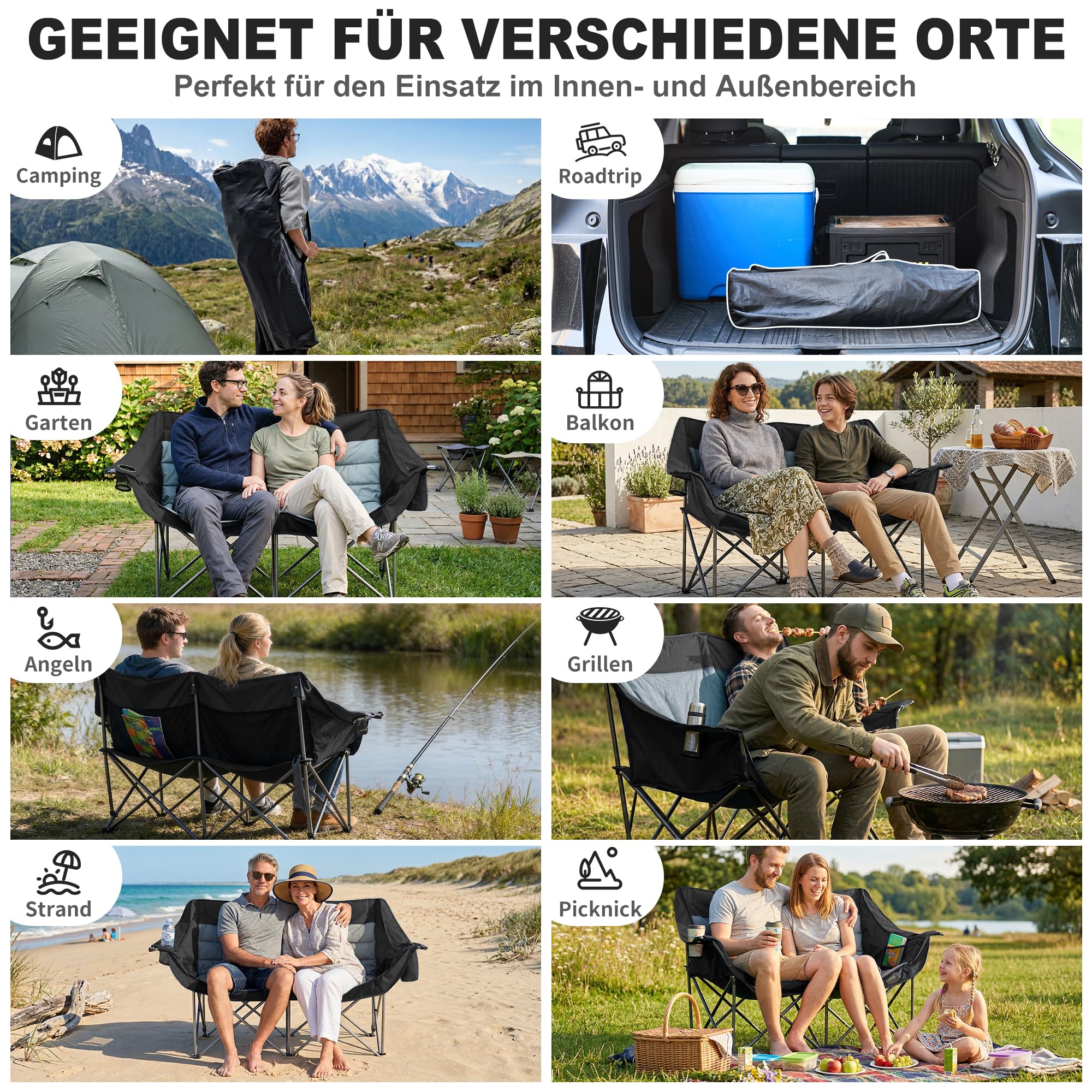 Coolfish Doppel Campingstuhl Faltbar, Klappstuhl Campingsofa für 2 Personen, Bequemes 2 Sitzer Camping Sofa mit Getränkehalter, Stabiler Outdoor Campingcouch Angelstuhl mit Kühltasche, Schwarz