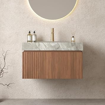 Bathroom Vanity with Sink 30 Inch, Floating Bathroom Vanity Sink Cabinet with Drawer and Door, Undermount Sink & Light Gray Sintered Stone Top, Pre-Assembled,Brown Oak