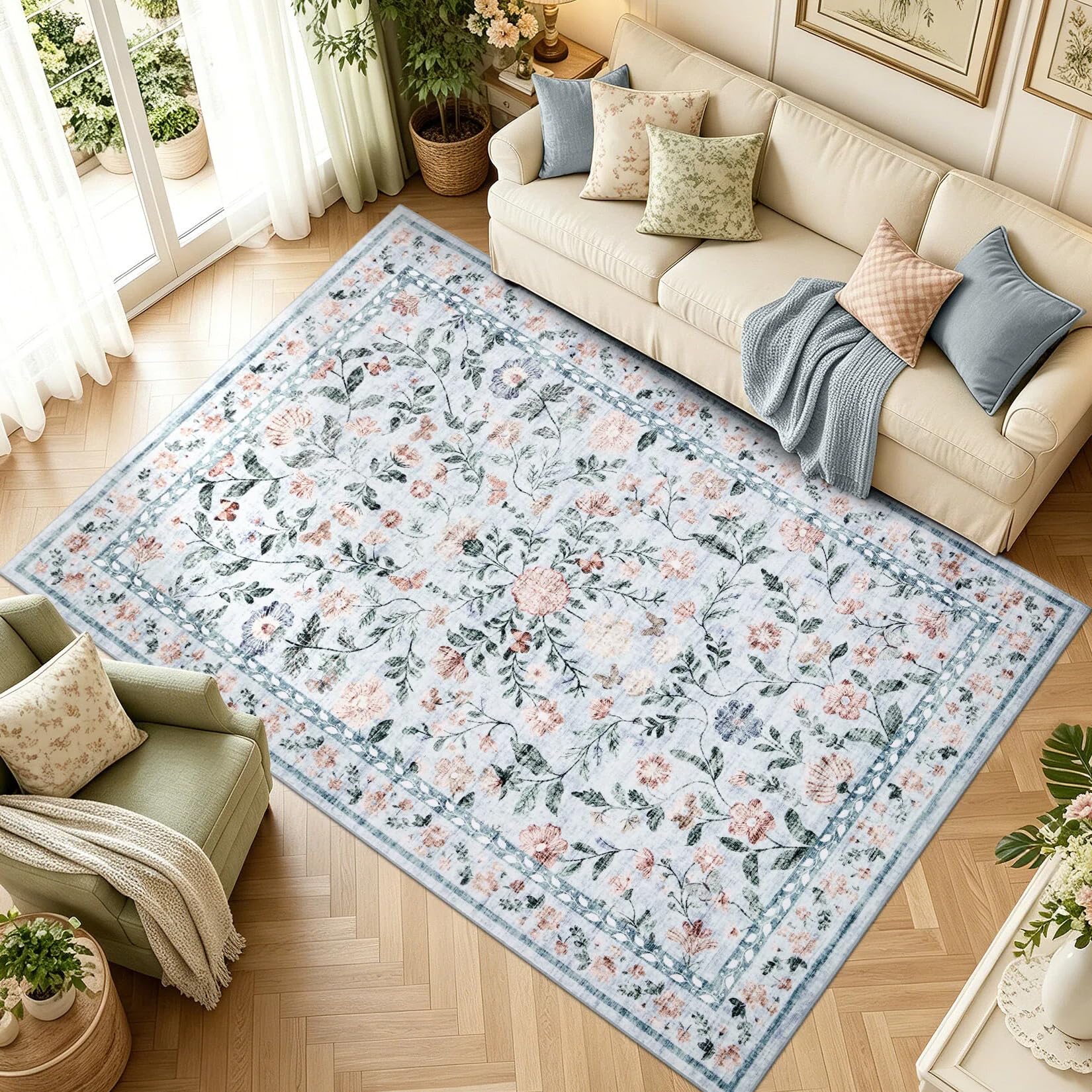 CAROMIO Distressed Vintage Floral Living Room Area Rug 160x230cm, LightBlue