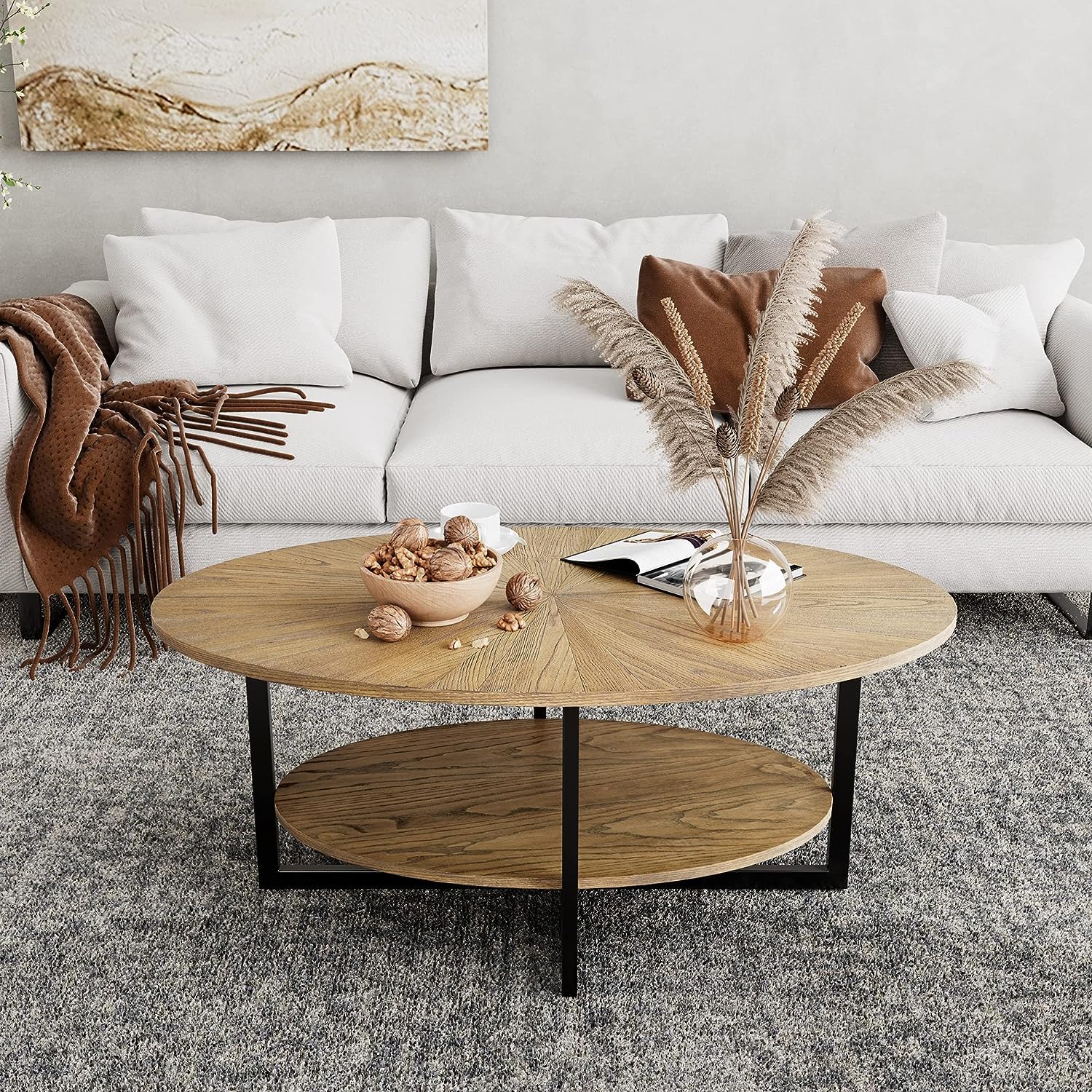 PADMA HOUSE Mesa de centro ovalada de madera maciza con patas de metal en cruz, 110 cm, moderna mesa de centro Industral con estante abierto, mesa de cóctel para salón, dormitorio (naturaleza rústica)