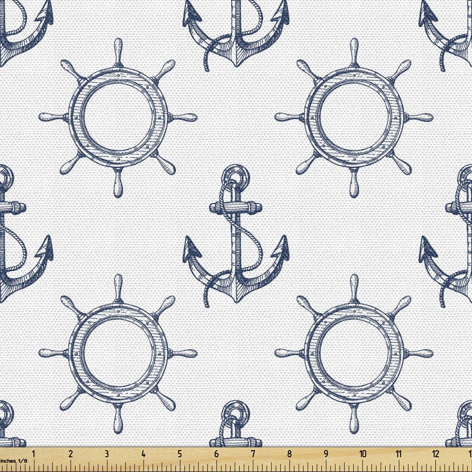 Lunarable Ships Wheel Fabric by The Yard, Anchors and Steering Wheels Pattern Pirates Sailors Marine Themed Print, Decorative Fabric for Upholstery and Home Accents, 2 Yards, White and Blue