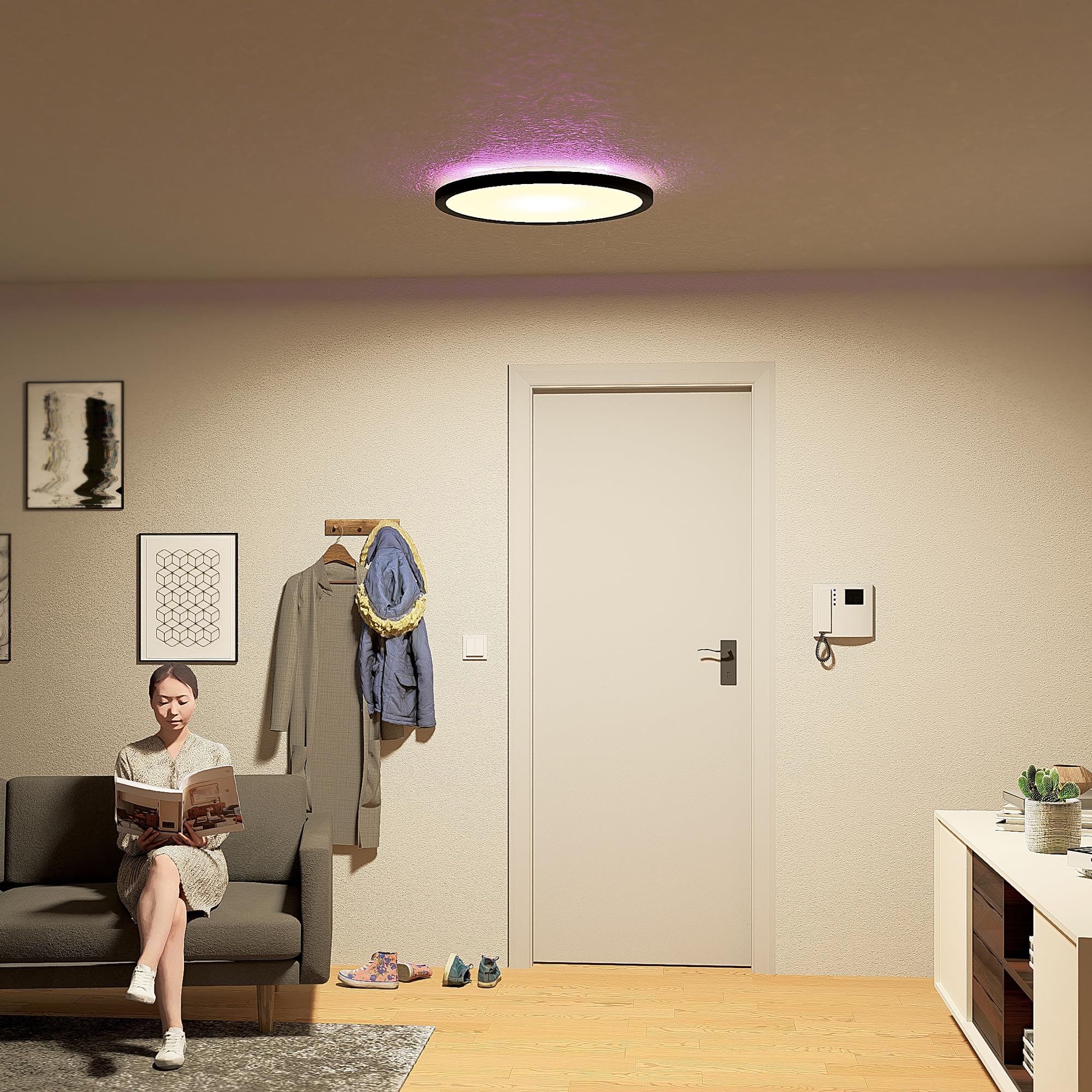 SSC-LUXon ERUNA Deckenleuchte schwarz Ø29cm Smart LED WLAN RGB App indirekt | Runde Deckenlampe fürs Wohnzimmer - per App & Alexa steuerbar, warmweißes Hauptlicht + indirektes RGB-Licht, ohne Hub