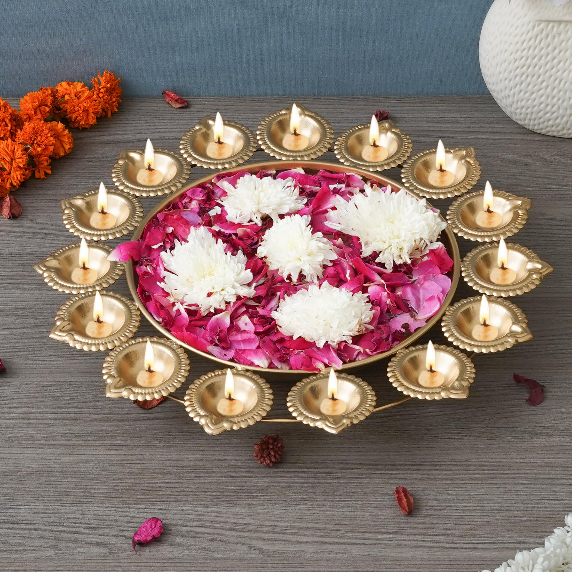 eCraftIndia Golden Metal Handcrafted Designer Urli with 15 Diyas - Elegant Home Decor Centerpiece, Gift for Diwali, Birthdays, Anniversaries, and Special Occasions (B0CHBK3BYB) Amazon Price History, Amazon Price Tracker