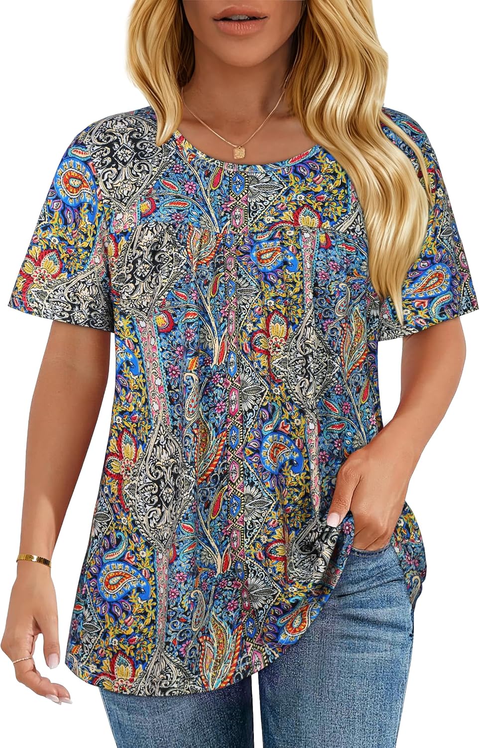 Womens T Shirts Short Sleeve Tops Casual Pleated Front Blouses Flowy Scooped Neck Summer Outfits