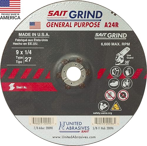 United Abrasives-SAIT 20090 A24R Muela abrasiva de uso generallarga vida útil (tipo 27centro deprimido) 9" x 14" x 78", paquete de 25