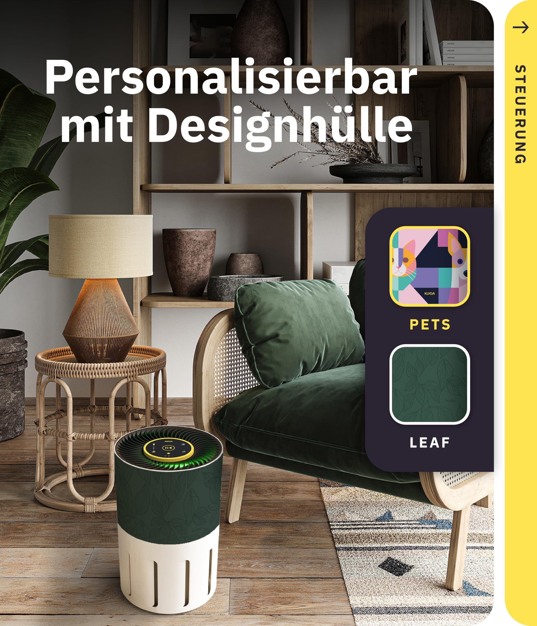 Klyqa Luftreiniger Allergiker 360° HEPA-Filter Leaf entfernt 99,99% der Tierhaare, Staub & Pollen I 300 CADR I 21,5Db Geräuscharmer Luftfilter I Smart Air purifier gegen Tierhaar I Server in DE