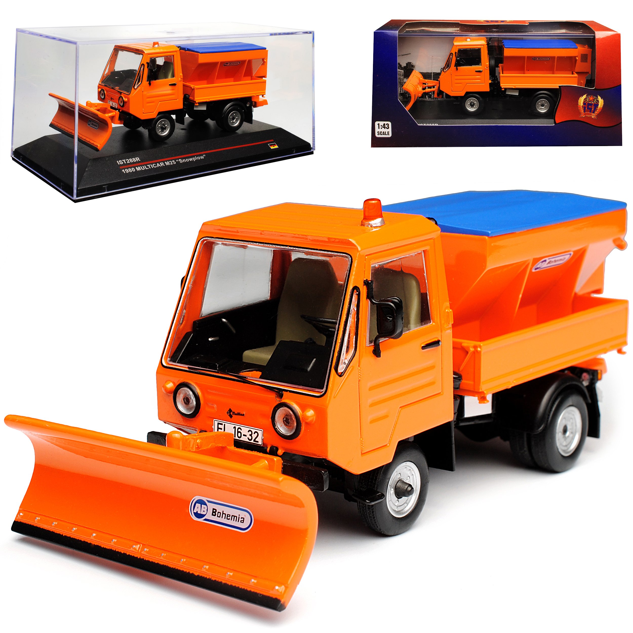 Ixo Multicar M25 Winterdienst Schneepflug mit Streuaufsatz Orange 