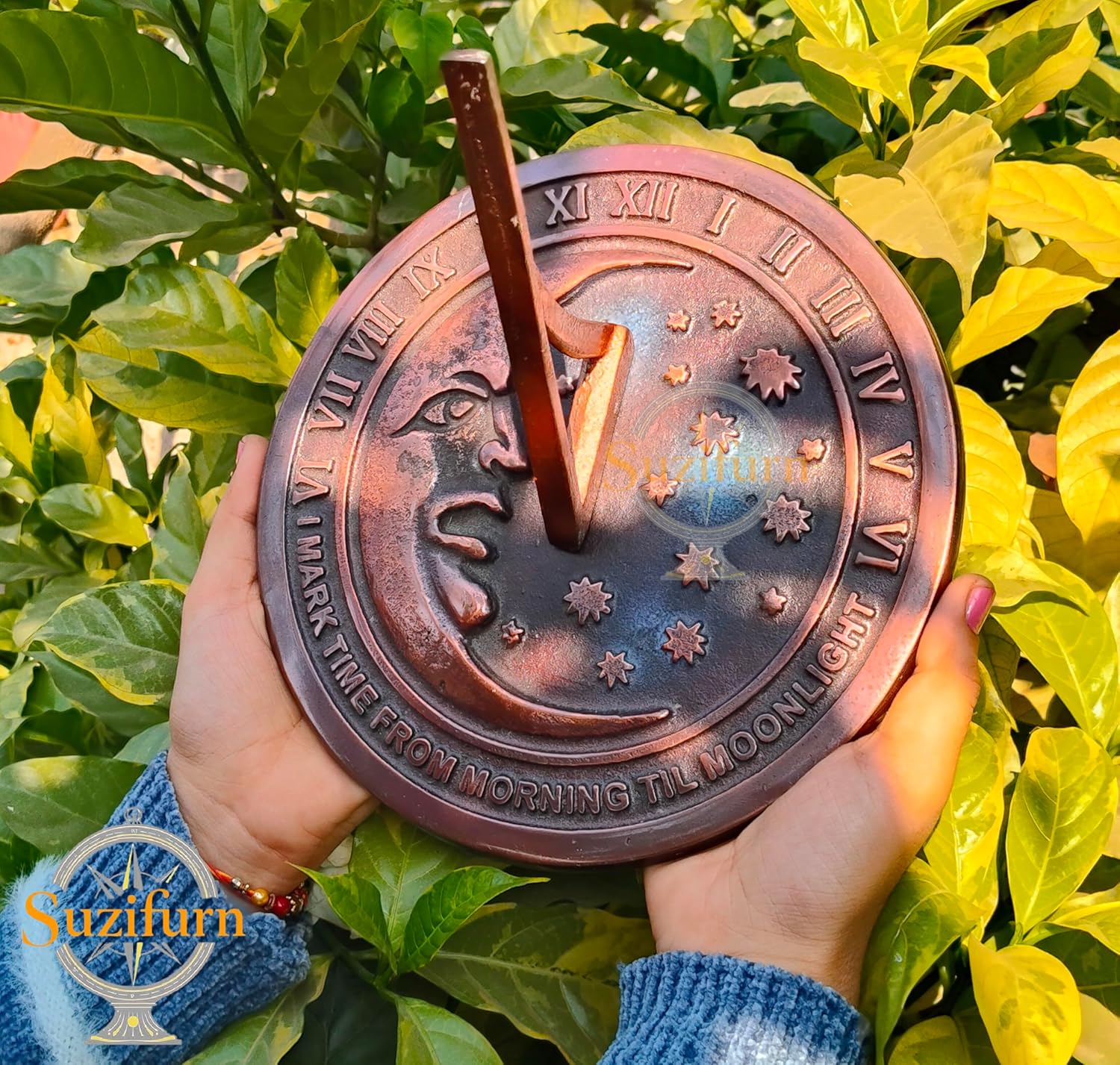 Moon and Star Garden Sundial, Cast Iron with Verdigris Finish