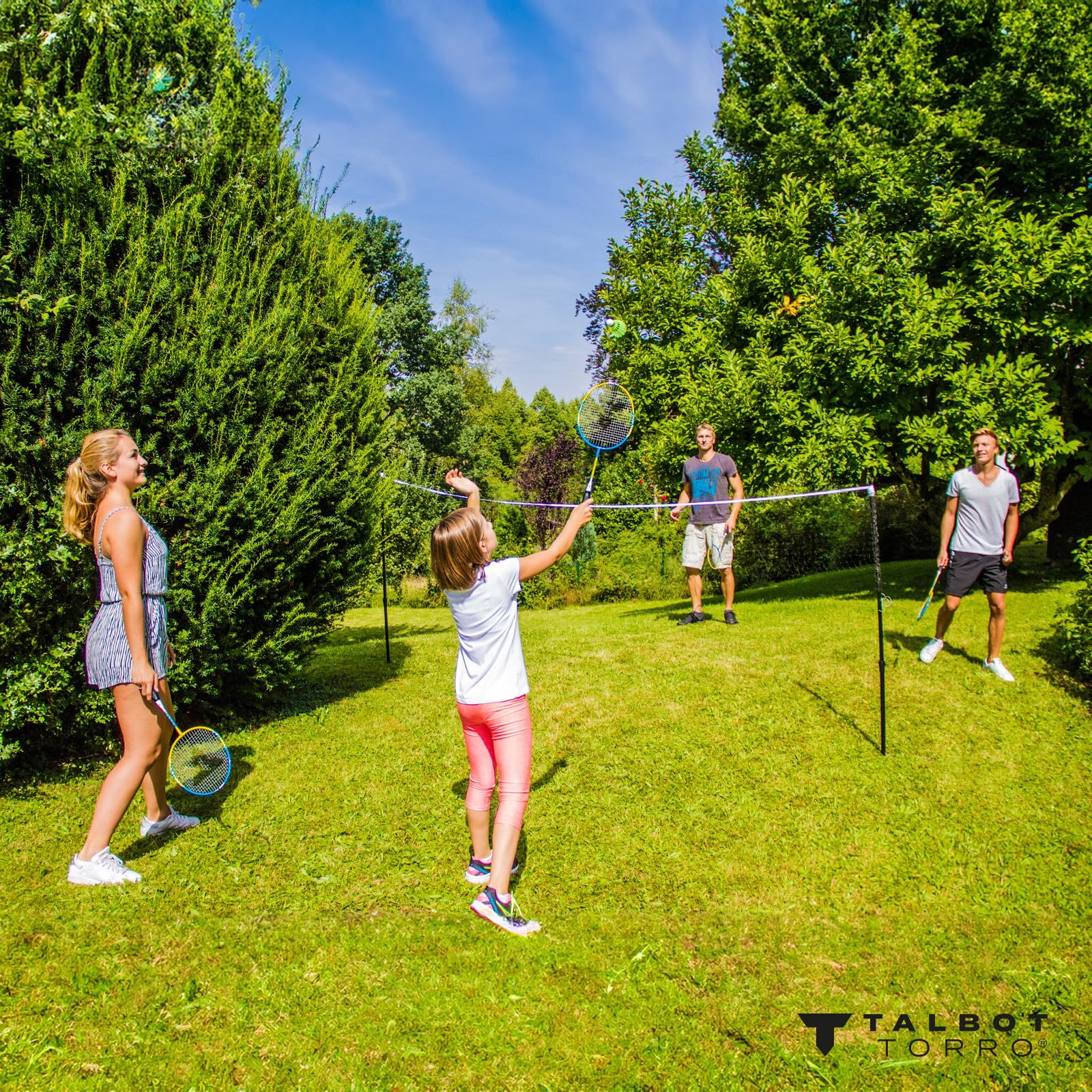Talbot Torro Set de Badminton Family, Juego Completo con 2 Raquetas Junior 53 cm, 2 Raquetas Estándar, 3 Volantes, Red Ajustable, Bolsa