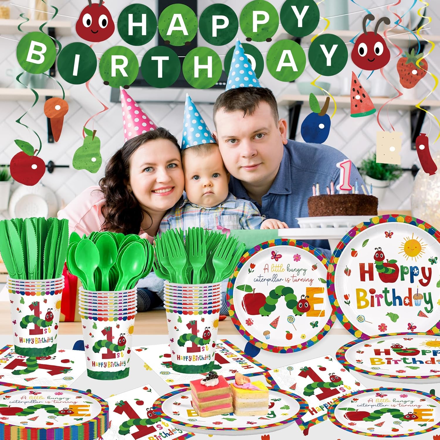 179Pcs Caterpillar 1st Birthday Party Supplies Green Insect Plates Napkins Tablecloth Banner Hungry Bug Party Decoration for Kids Birthday Baby Shower Serve 24