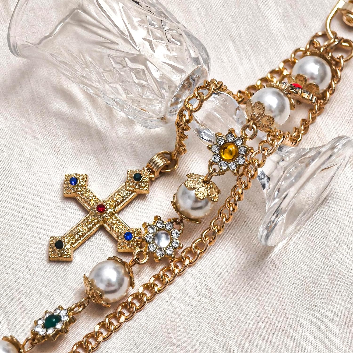 Punk Wallet Chain with Rhinestone Flower & Pearl, Layered Pants Chains Key Chain Pocket Chains Gifts for Women Men - Image 3