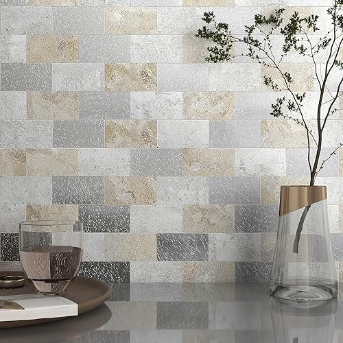BeNice Azulejos autoadhesivos de pared para salpicadero de cocina, azulejos adhesivos para pared de cocina, paneles de baño impermeables (gris beige