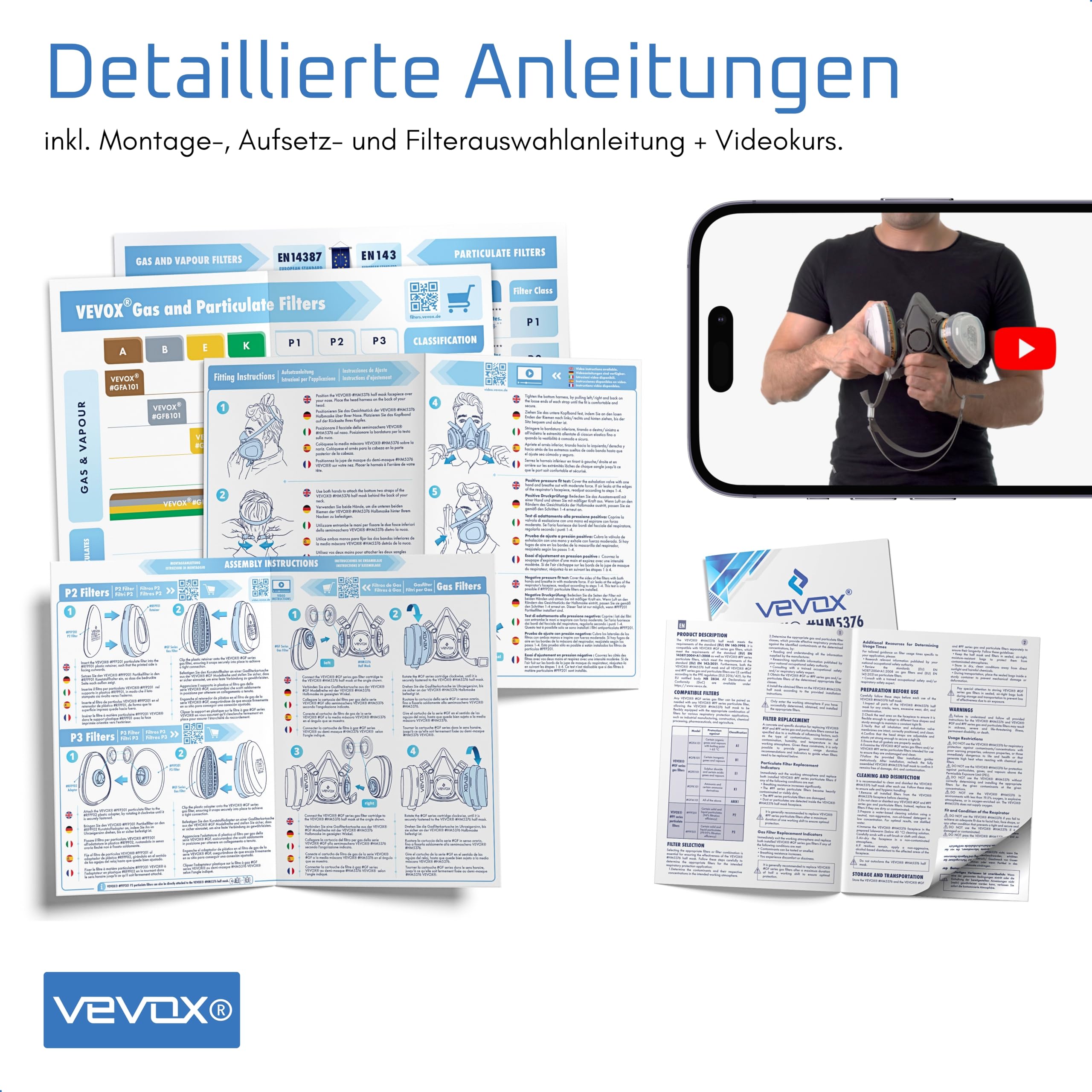 VEVOX® Atemschutzmaske – ABEK1P2 Filter – Schutz gegen Feinstaub, Gase & Dämpfe – Zum Lackieren, Schleifen & Sanieren – Gasmaske, Staubmaske & Lackiermaske – 6x P2 & 2x ABEK1 Filter