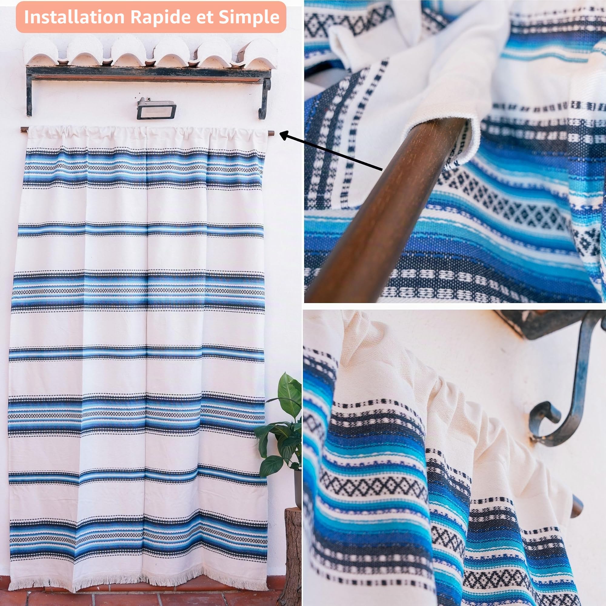 Rideau d'ameublement rustique des Alpujarras pour porte extérieure (160 x 215 cm) couleur Écru-bleu. Fabriqué en Espagne en fibre naturelle de coton. Fait fonction de moustiquaire et de pare-soleil