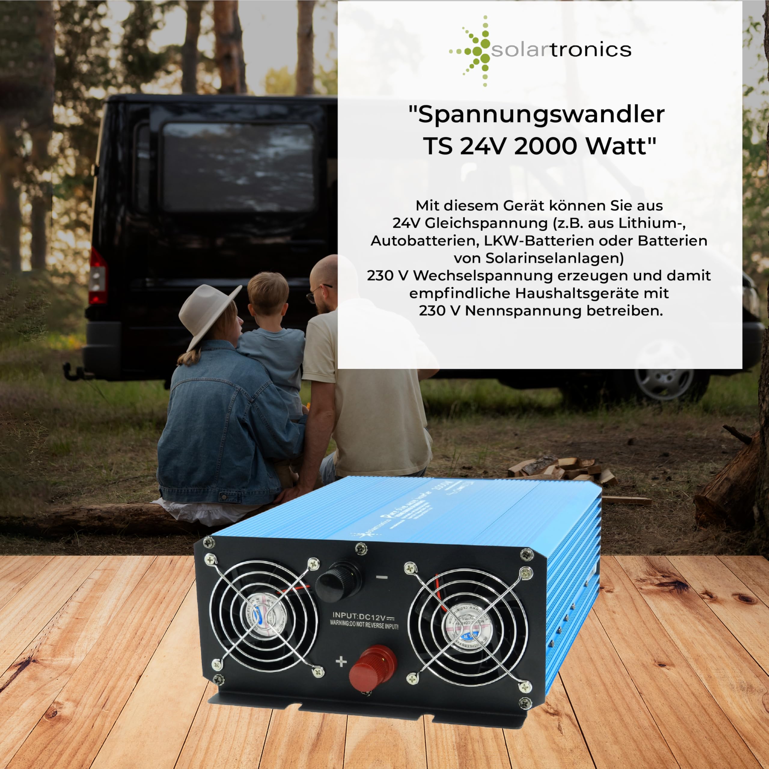 solartronics Spannungswandler TS2000 24V 2000/4000 Watt Reiner Sinus blau Solar Inverter Wechselrichter Umrichter USB AC Steckdose