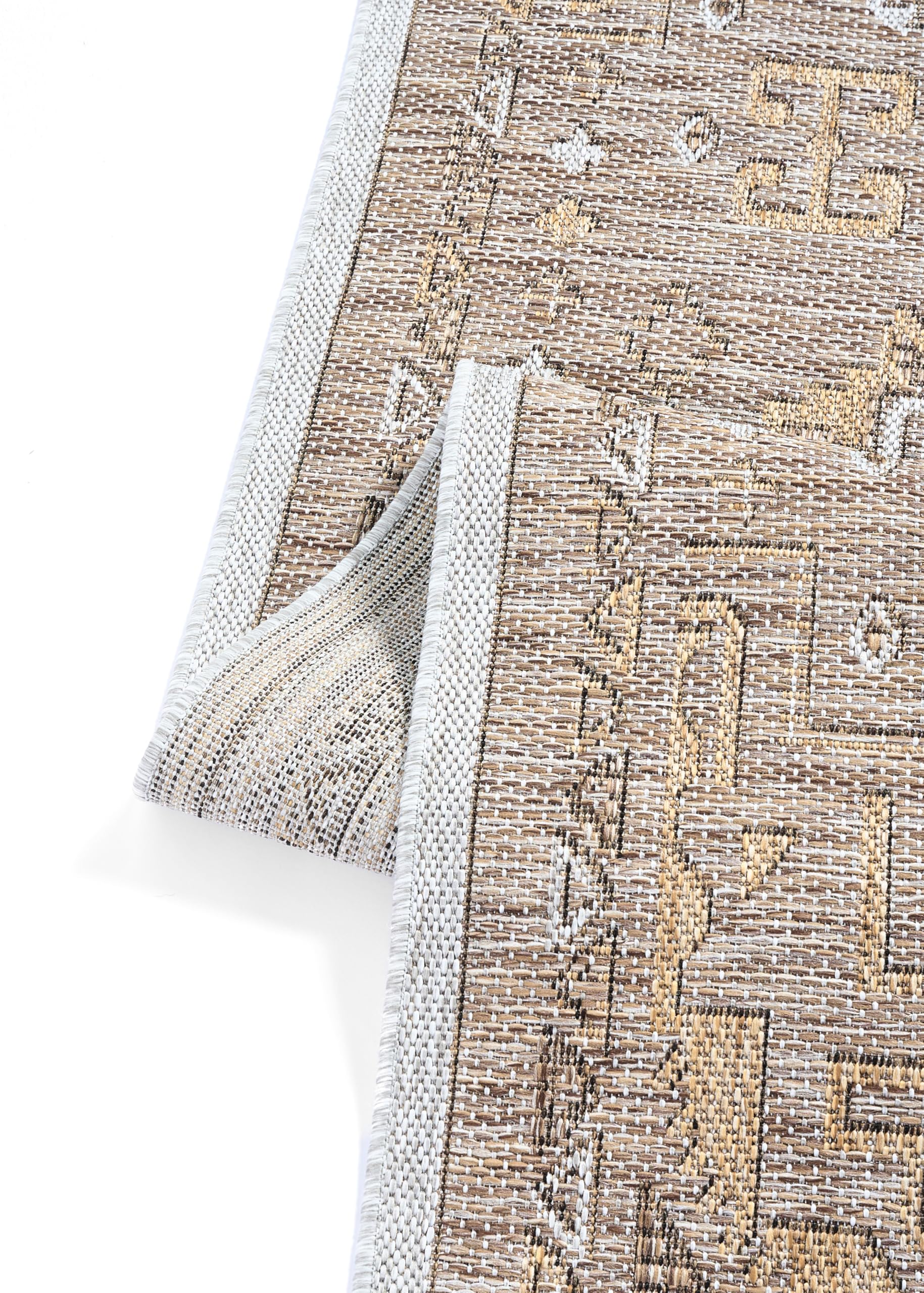 TAPISO Yucana Alfombra Exterior Tejido Plano Robusta Resistente UV Impermeable Interior Exterior Balcón Terraza Jardín Cocina Marrón Beige Marco Ornamental Oriental Moderna 160 x 230 cm