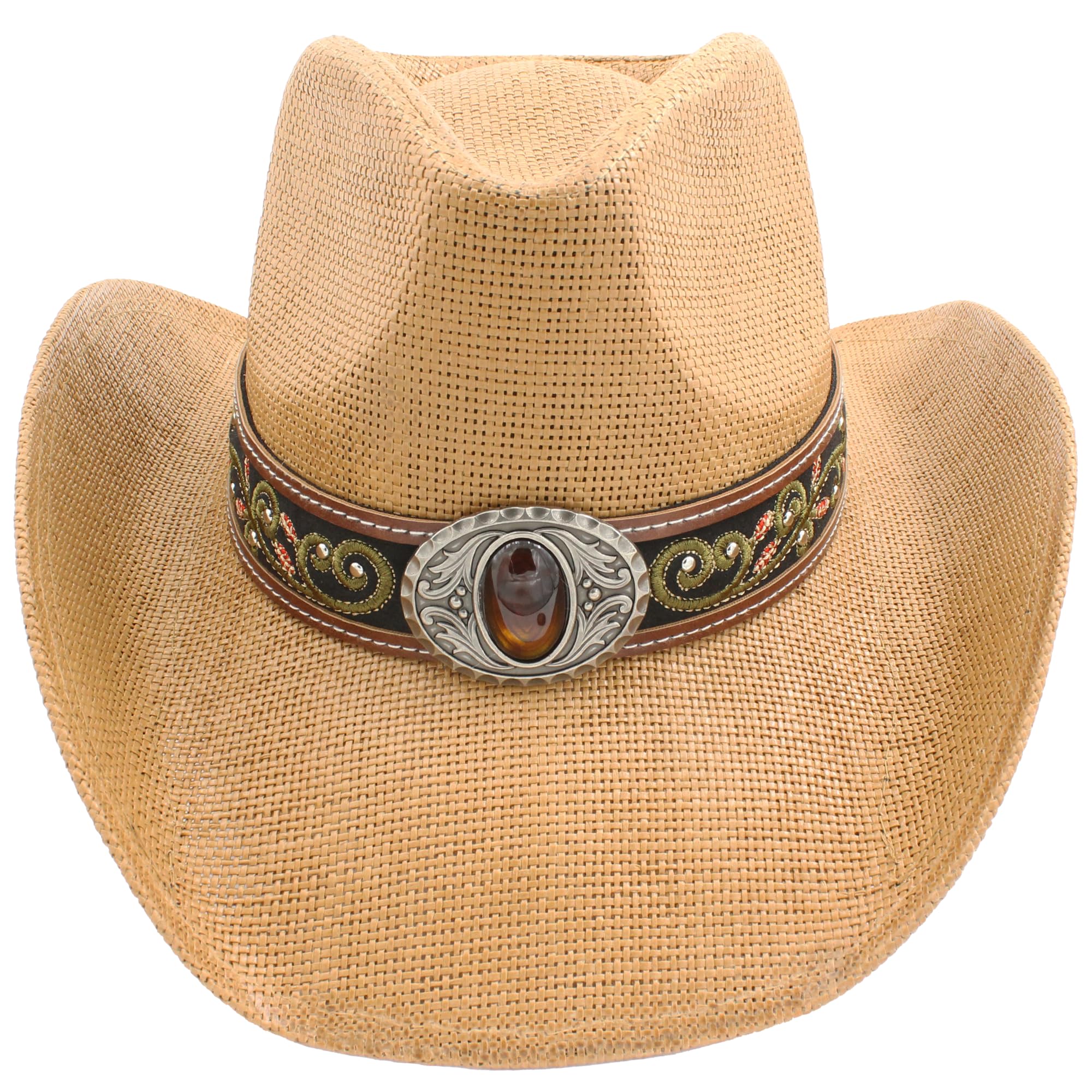 Carnavalife Sombrero de Cowboy/Cowgirl de Paja Fuerte Panamá, Sombrero Texas, Sombrero Vaquero Bordado Floral Unisex Talla única Hombre Mujer Coachella