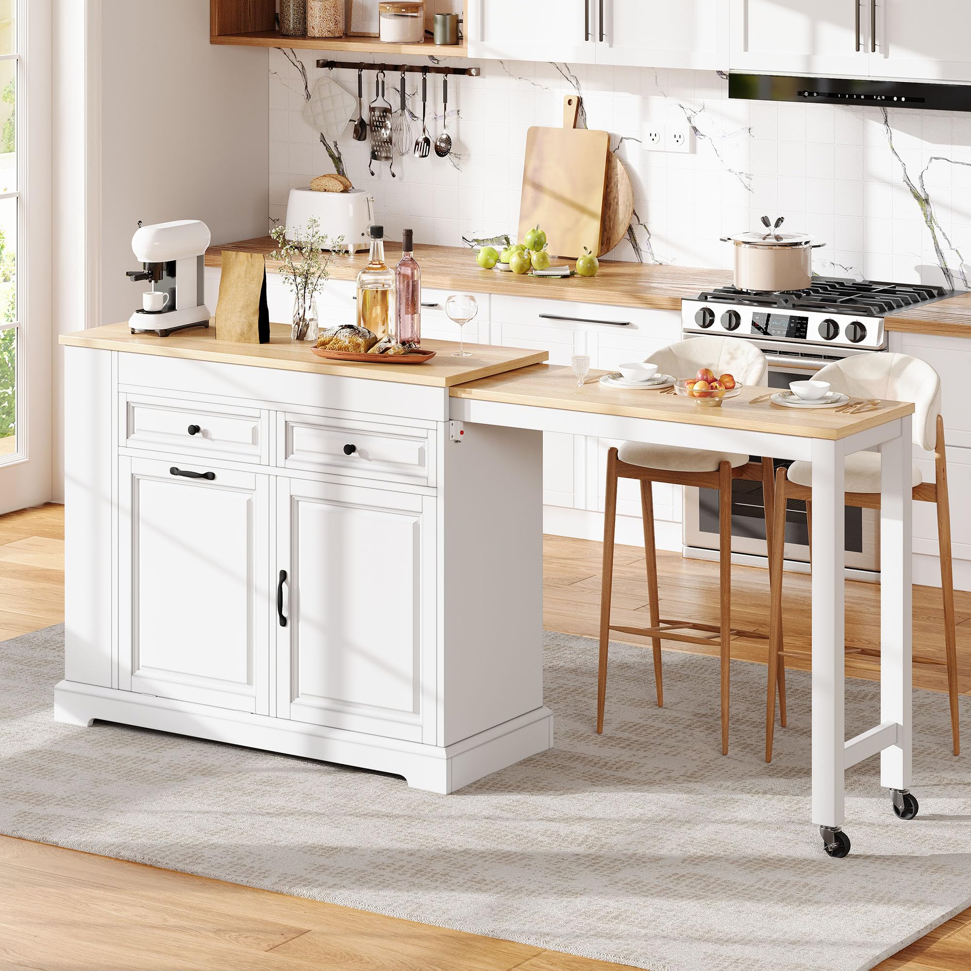 Isola da cucina su ruote, sala da pranzo estensibile con scomparto pattumiera e cassetti, isola mobile da cucina autoportante, ideale per cucina e sala da pranzo, bianco + naturale