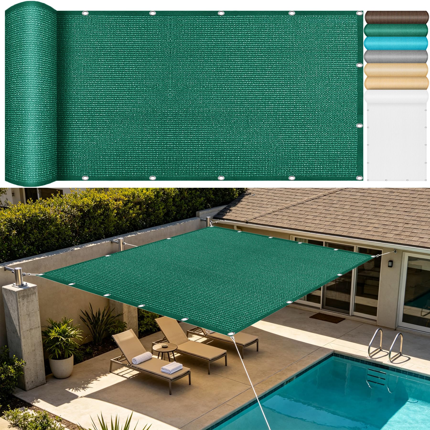 Vela Ombreggiante 5.5 x 6.5 m in Tessuto Hdpe, Permeabile All'Aria e All'Acqua, Telo Ombreggiante Occhiellato Traspirante Tenda da Sole per Giardino Pergola, Verde Scuro