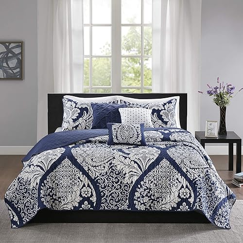 Madison Park Vienna - Edredón reversible de algodón, diseño de costuras de lujo para todas las estaciones, colcha transpirable, fundas de almohada,