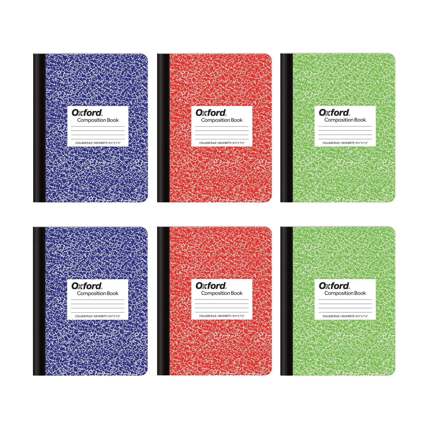 Oxford Composition Notebook 6 Pack, College Ruled Paper, 9-3/4 x 7-1/2 Inches, 100 Sheets, Assorted Marble Covers. 2 Each: Blue, Green, Red (63763)