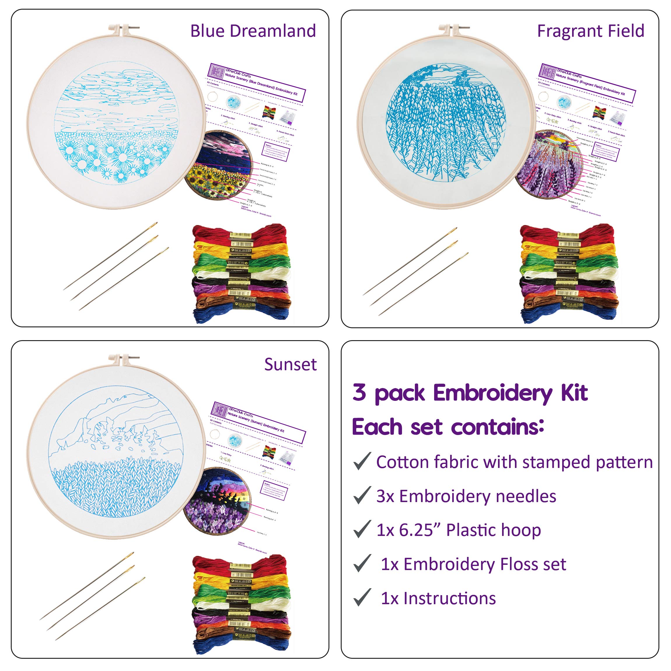3 Pack Nature Scenery Embroidery Kit for Beginners with Pattern, Needlepoint Starter Kits for Adults, Embroidery Set 3 Stamped Cloth, 9 Needles, 3 Plastic Hoops, 3 Instructions by DiyerClub Crafts