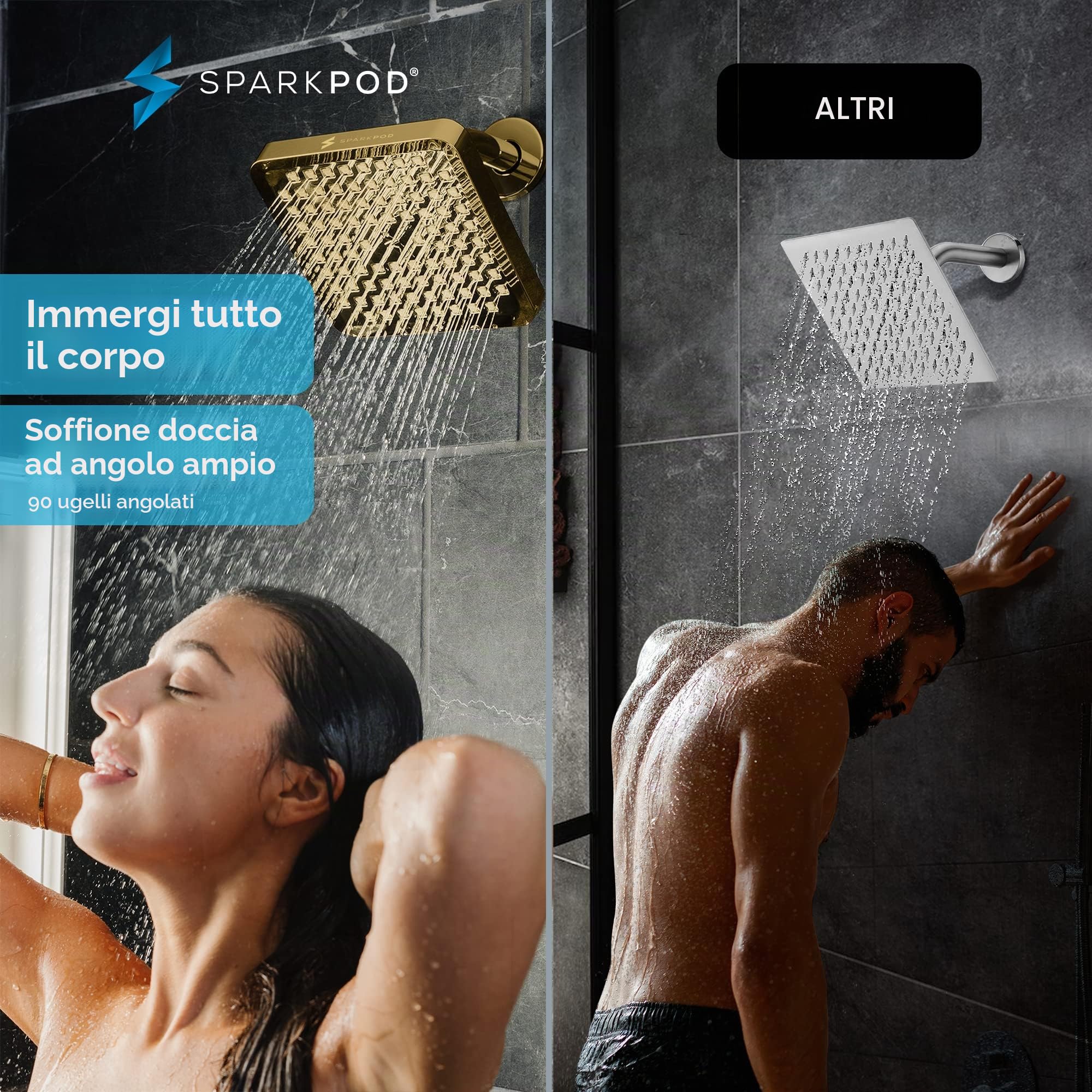SparkPod Soffione doccia fisso, pioggia ad alta pressione, look moderno di lusso, facile installazione senza attrezzi, ricambio perfetto per il soffione doccia del tuo bagno (quadrato 20 cm, oro