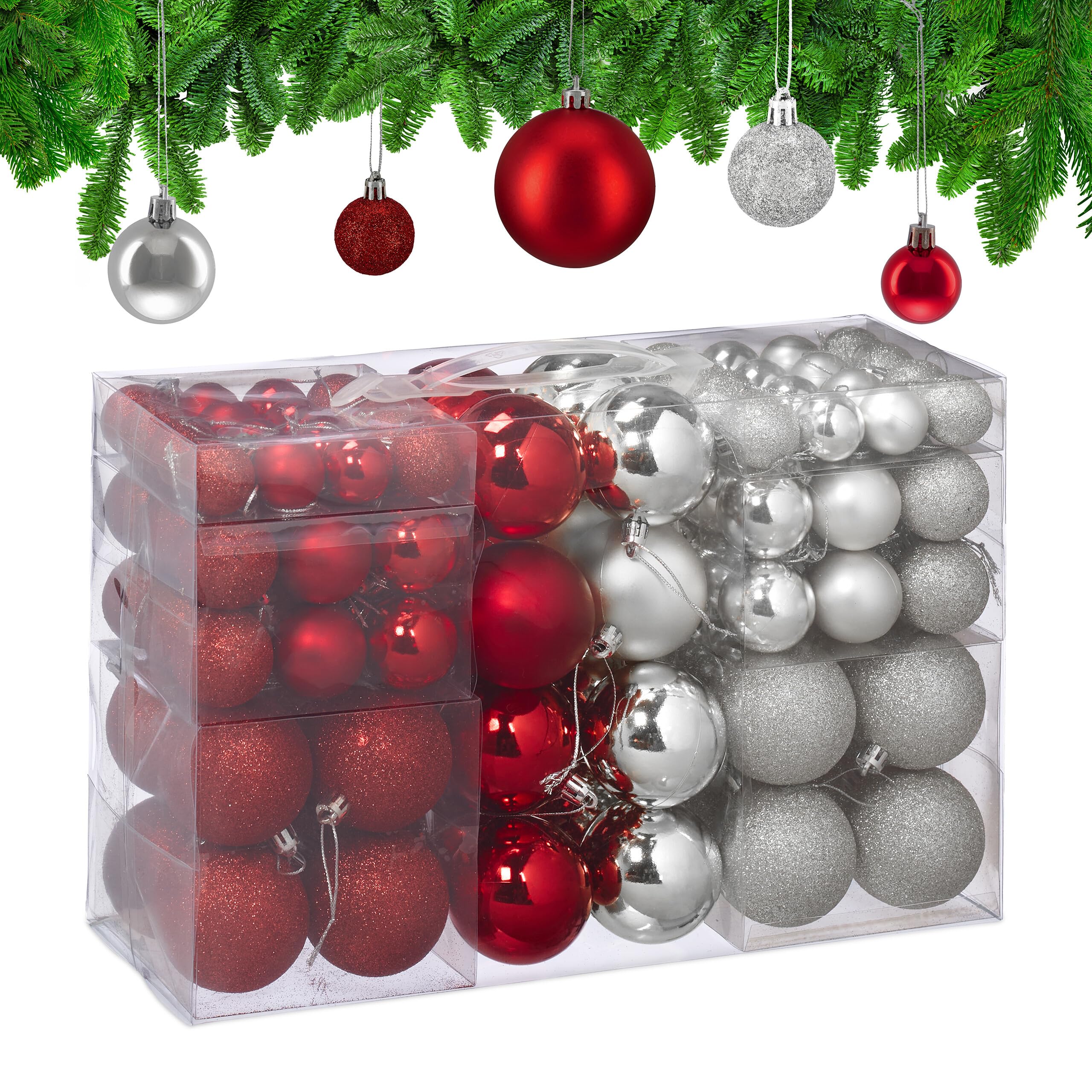 Relaxdays 100 Boules de Noël, Mates, Brillantes & pailletées, pour décorer Le Sapin comme il se Doit, argentées & Rouges