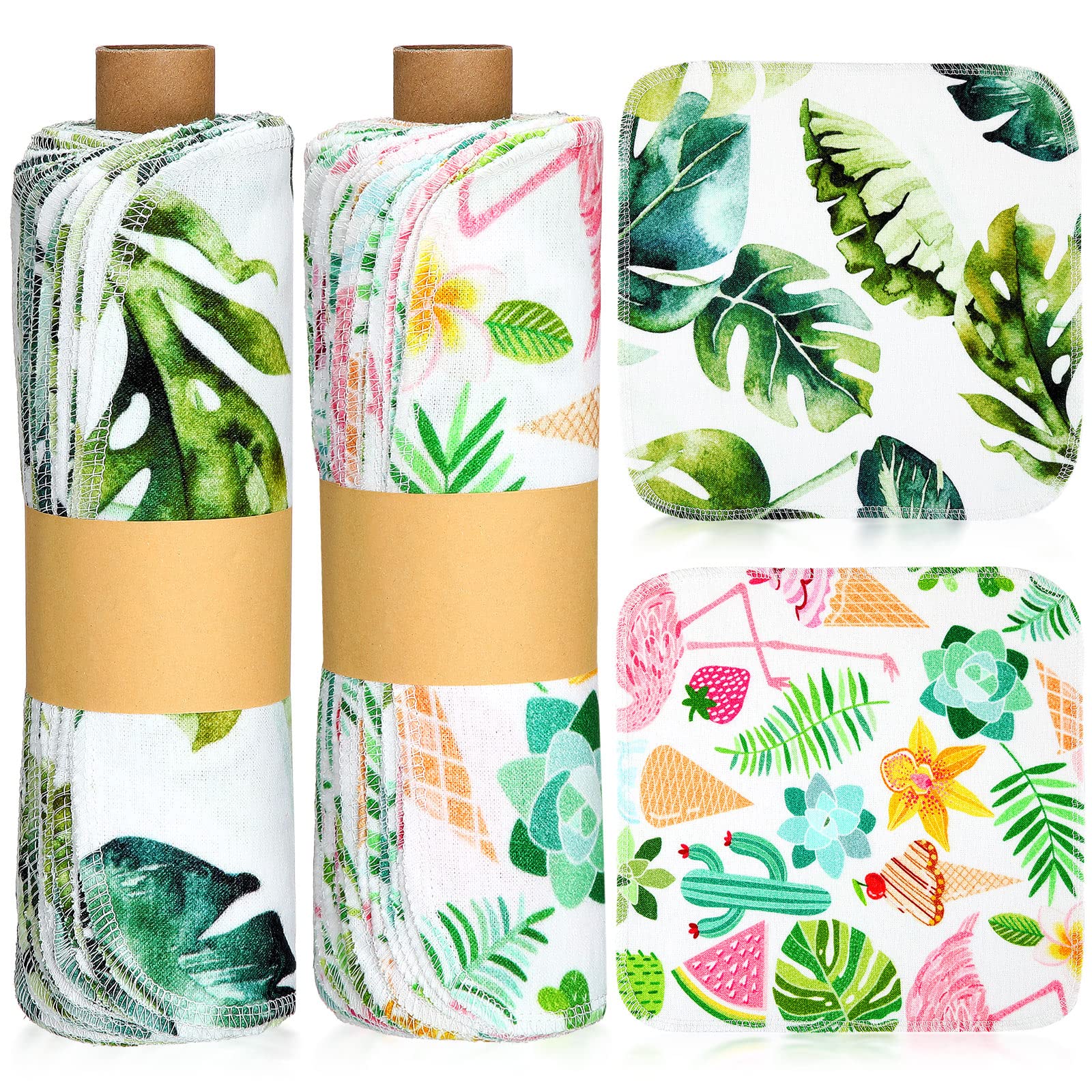 Redbaker 50 Pcs Reusable Paper Towels Paperless Reusable Cotton Cloths Toilet Absorbent Washable Paper Towels with Roll Kitchen Dishcloth for Kitchen Paperless Dishcloths(Leaves)