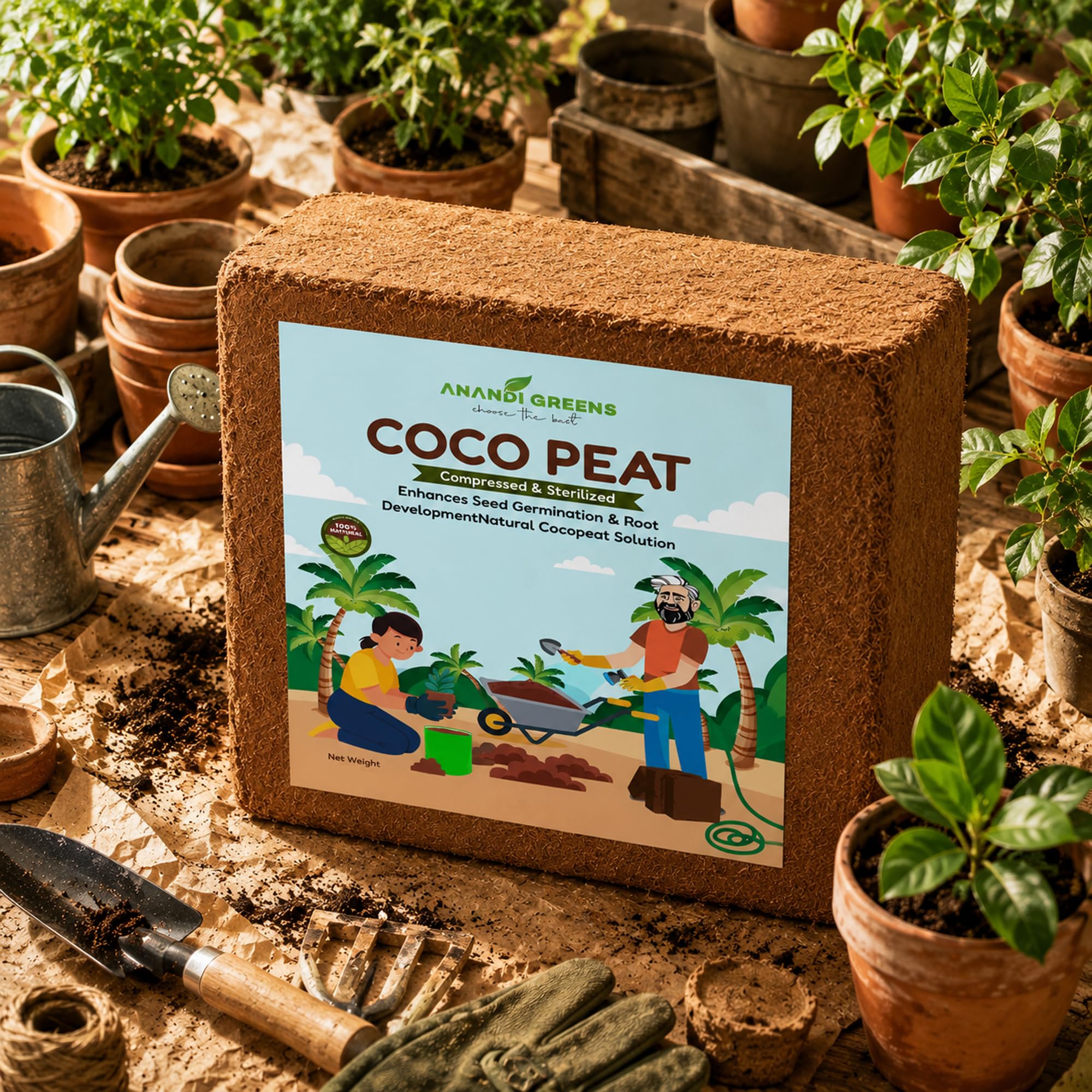 Anandi Greens Cocopeat 5Kg Block Natural Low-EC Compressed