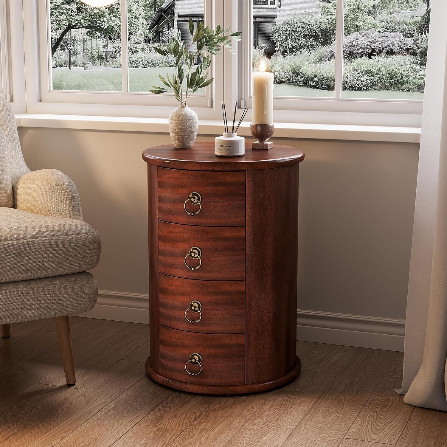 LITTLE TREE Small Side Table, Round Solid Wood End Table with Storage for Living Room, Mid Century Modern Nightstand with 4 Drawers for Bedroom, Small Spaces, Couch, Bedside, No Assembly Required