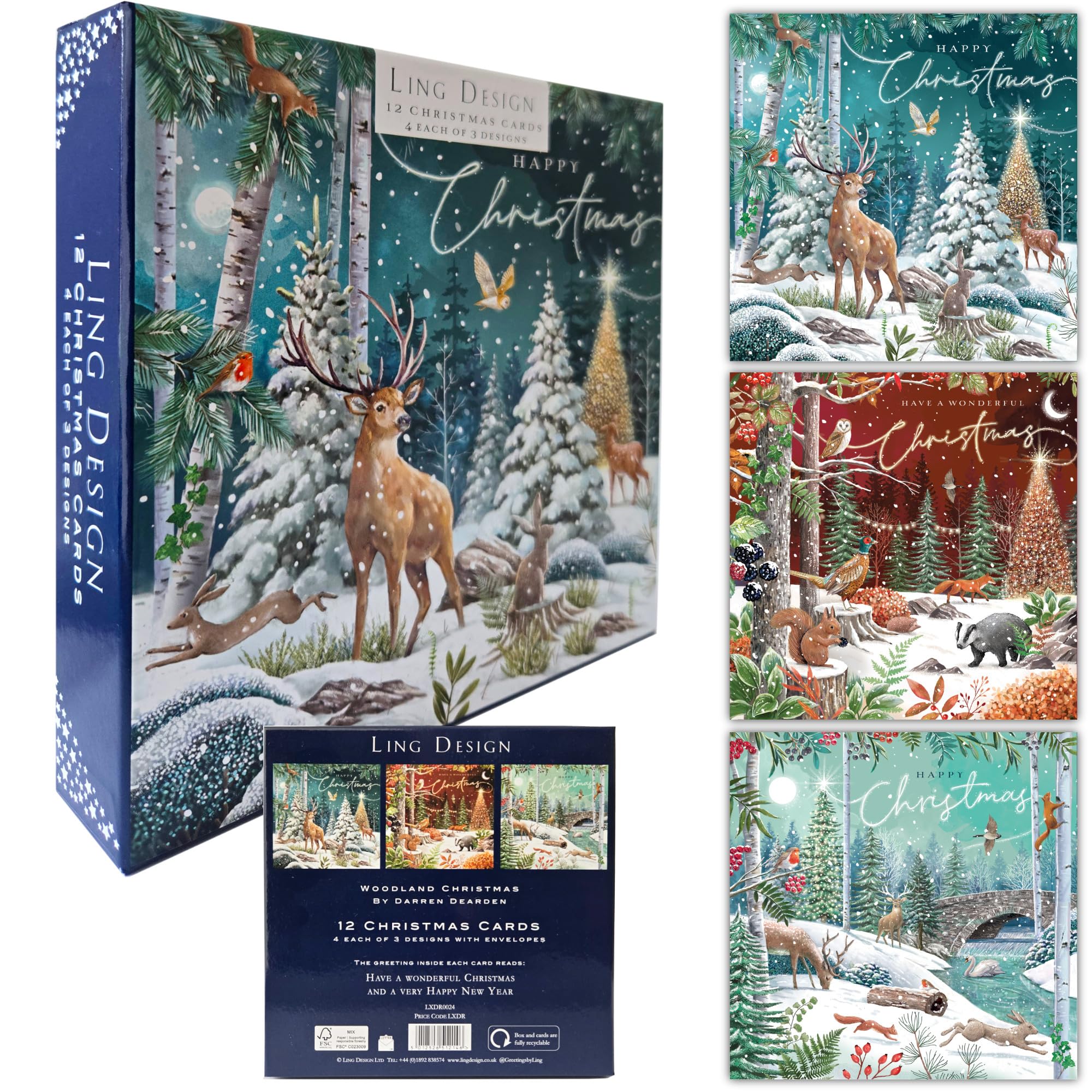 Festive Art Large Deluxe Box of 12 Christmas & New Year Cards in 3 Designs - 160 x 160mm (6.5x6.5in) - Gloss Finish Premium Board - Great British Card Company (Magical Woodland)
