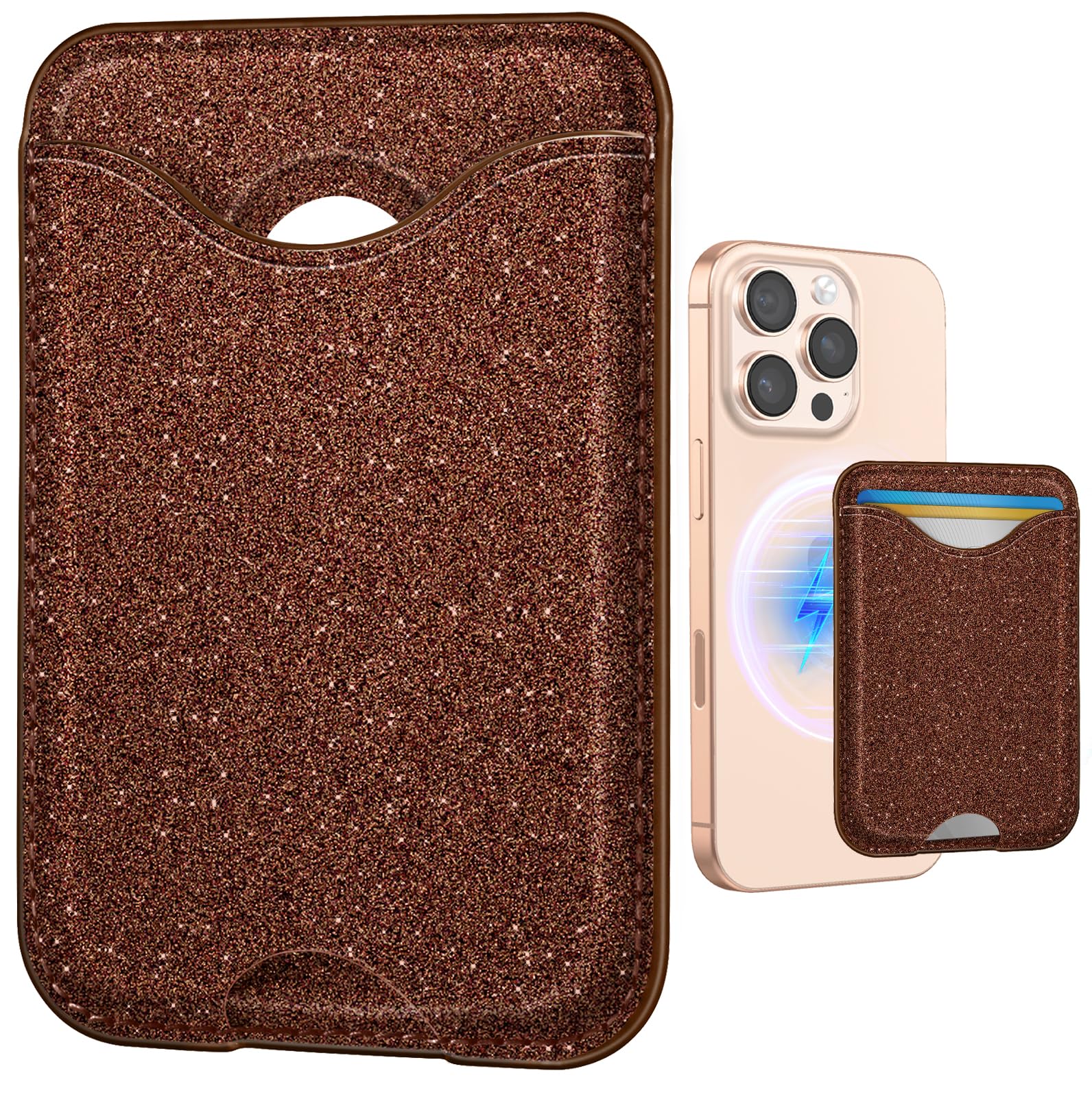 Shorogyt Compatible with Magsafe Wallet Magnetic Card Holder - Glitter Brown Phone Wallets for Women Teen Girls Fashion for iPhone 16/15/14/13/12 Series Slim for Apple Mag RFID Magnet, Fit 3 Cards-image-0