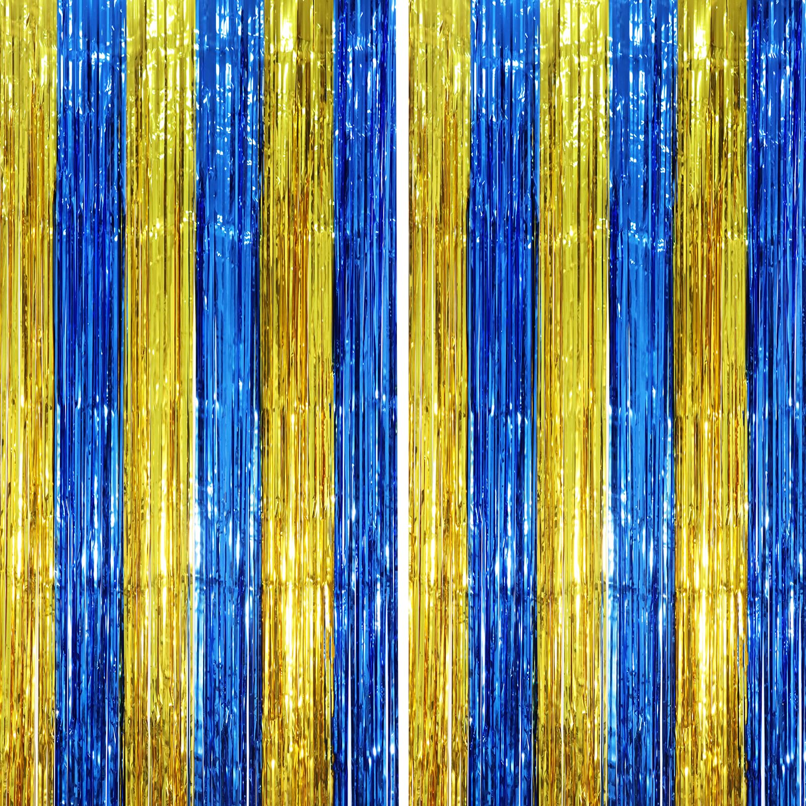 Voircoloria Blue Gold Foil Fringe Backdrop Curtains,3.3x6.6ft, 2 Pack | Tinsel Streamers, Door Shimmer, For Baby Shower, Birthday Party Decorations, Graduations