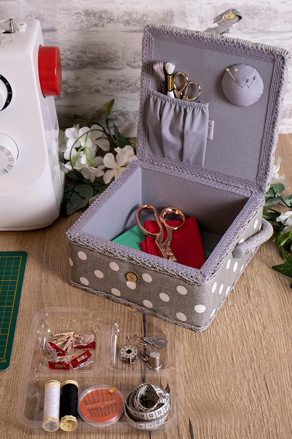 Hobby Gift Small Sewing Storage Box Craft Organiser with Handle Internal Tray Pin Cushion and Pocket for Sewing Accessories and Hobby Supplies