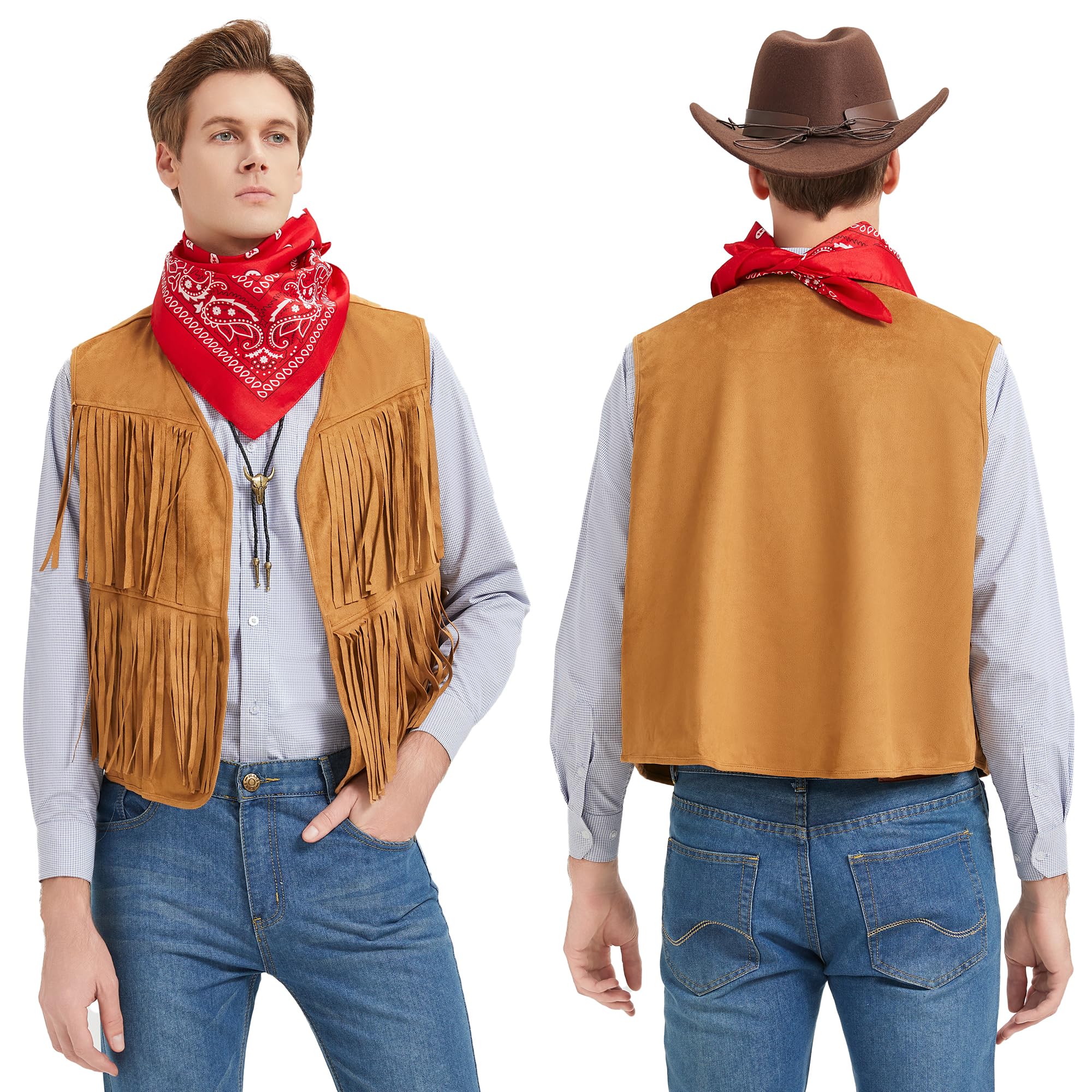 Disfraz de Vaquero para Hombres Cosplay Cowboy Chaleco con Flecos Sombrero Pañuelo Collar para el Carnaval Disfraces Hippie para Adultos