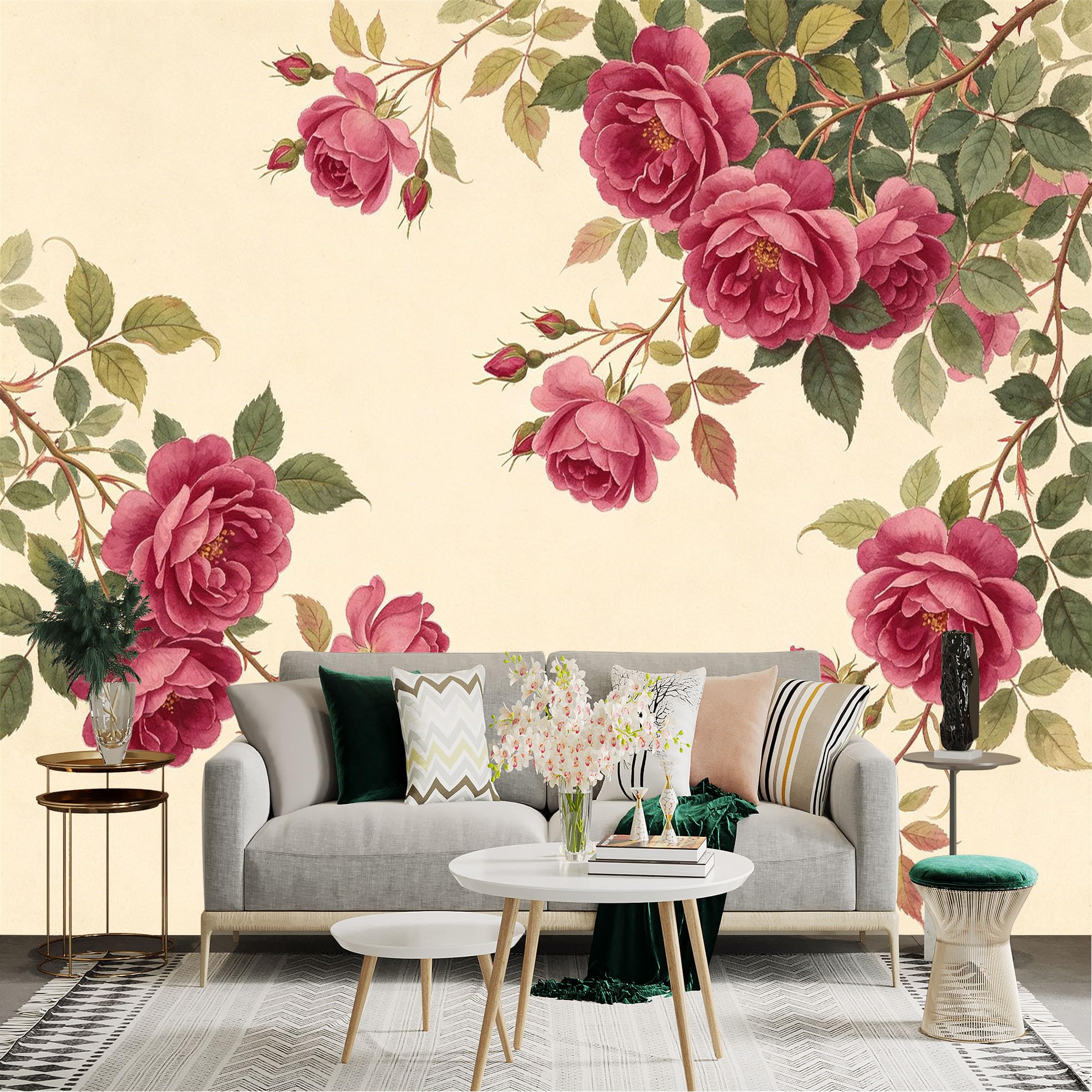 Lnzczhyre Dbh260521266 Custom Size Wall Sticker Mural， Vintage Pink Rose Blossoms， Romantic Floral Botanical Art， Elegant Garden Flower Branches， For Wall Decoration， Peelandstick Wall Decals.
