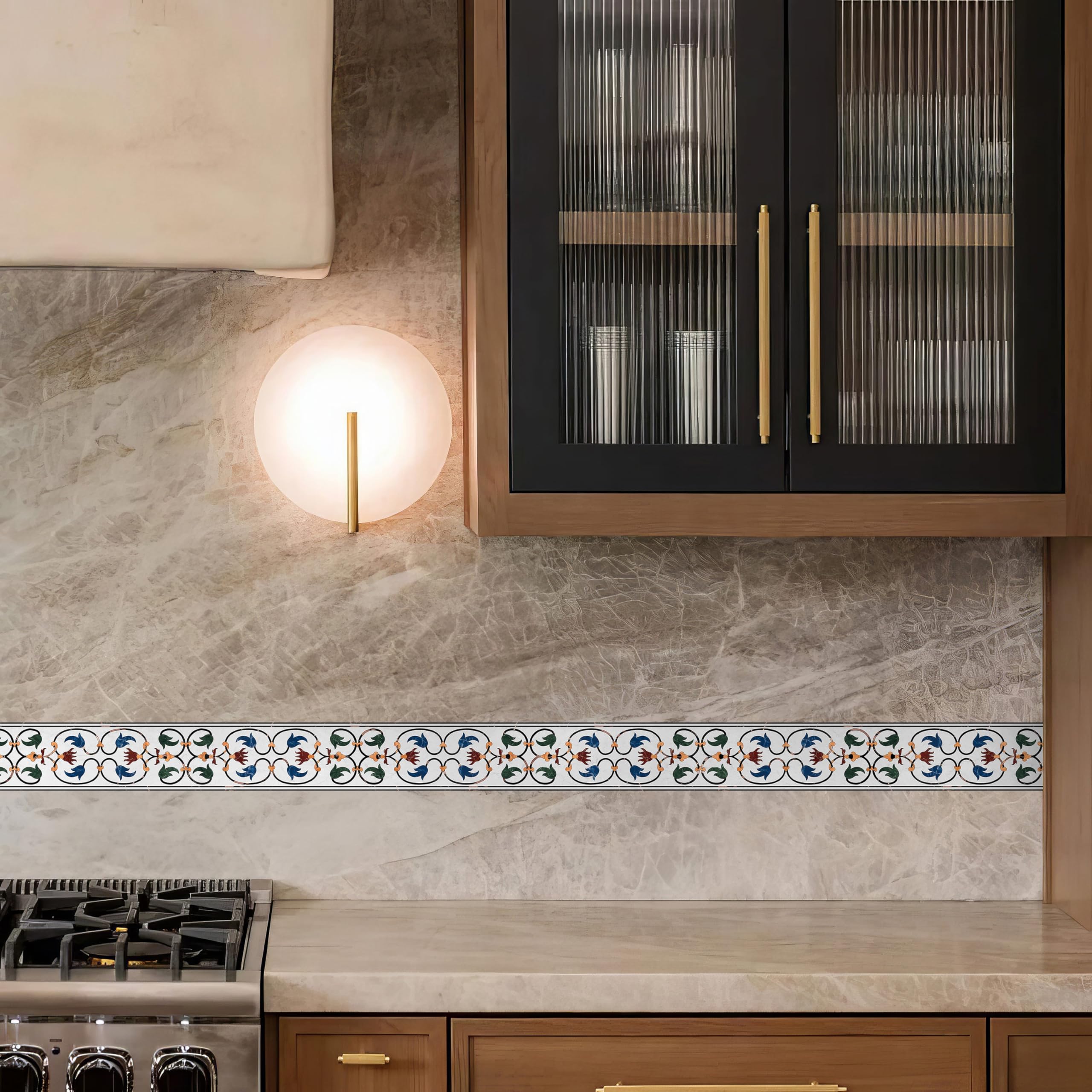 WallDesign Marble Petal Inlay Effect Wall Border - 4 Inch x 10 Feet Self-Adhesive Vinyl Trim – Traditional Floral Accent for Stairs, Cabinets, Kitchen, Bathroom, Furniture