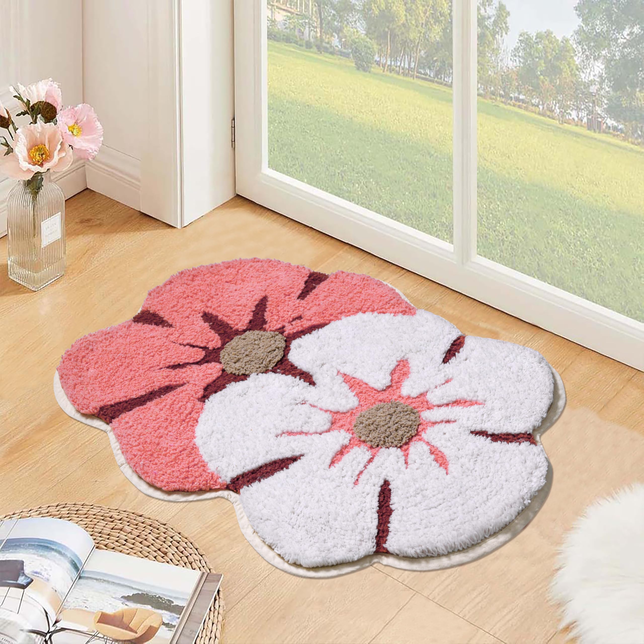 Flower Floor Mat Pink × White Zingaro Buy Floral Rug Artisanal Flower Form Area Mat for Elevated