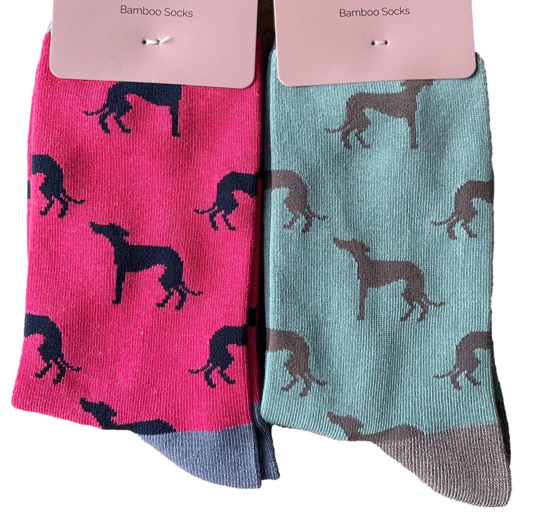 Purple Possum UK® Greyhound Socks Ladies 2 Pair Pack Greyhounds Whippet Dogs Hot Pink Duck Egg Blue Womens Bamboo Cotton Socks Size 3-7