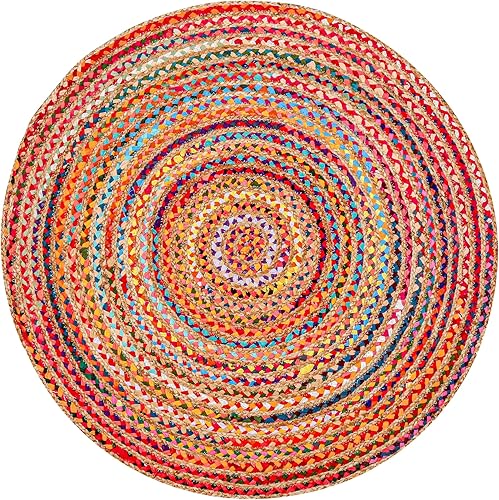 Miniatura 5 de Hausattire Alfombra trenzada bohemia redonda de 4 pies, multicolor, alfombra circular de yute de algodón para cocina, dormitorio de niños, sala de