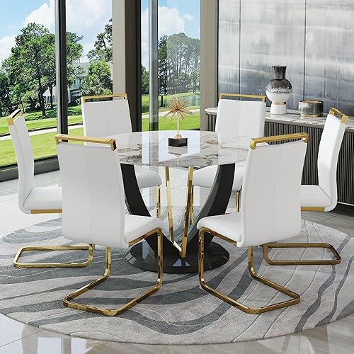 Miniatura 15 de JUFU Juego de mesa de comedor redonda para 6, mesa de comedor de 48 pulgadas con mesa de mármol sintético y 6 sillas tapizadas, moderno juego de 6