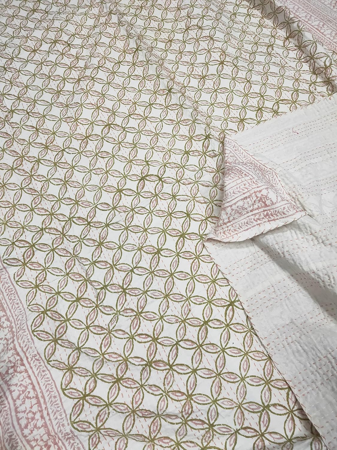 SHIRANYA Indian Traditional Kantha Quilt Vintage Handmade Blanket Throw Hand Block Printed Kantha Throw Hippie Made Kantha Rally Gudari (Twin)