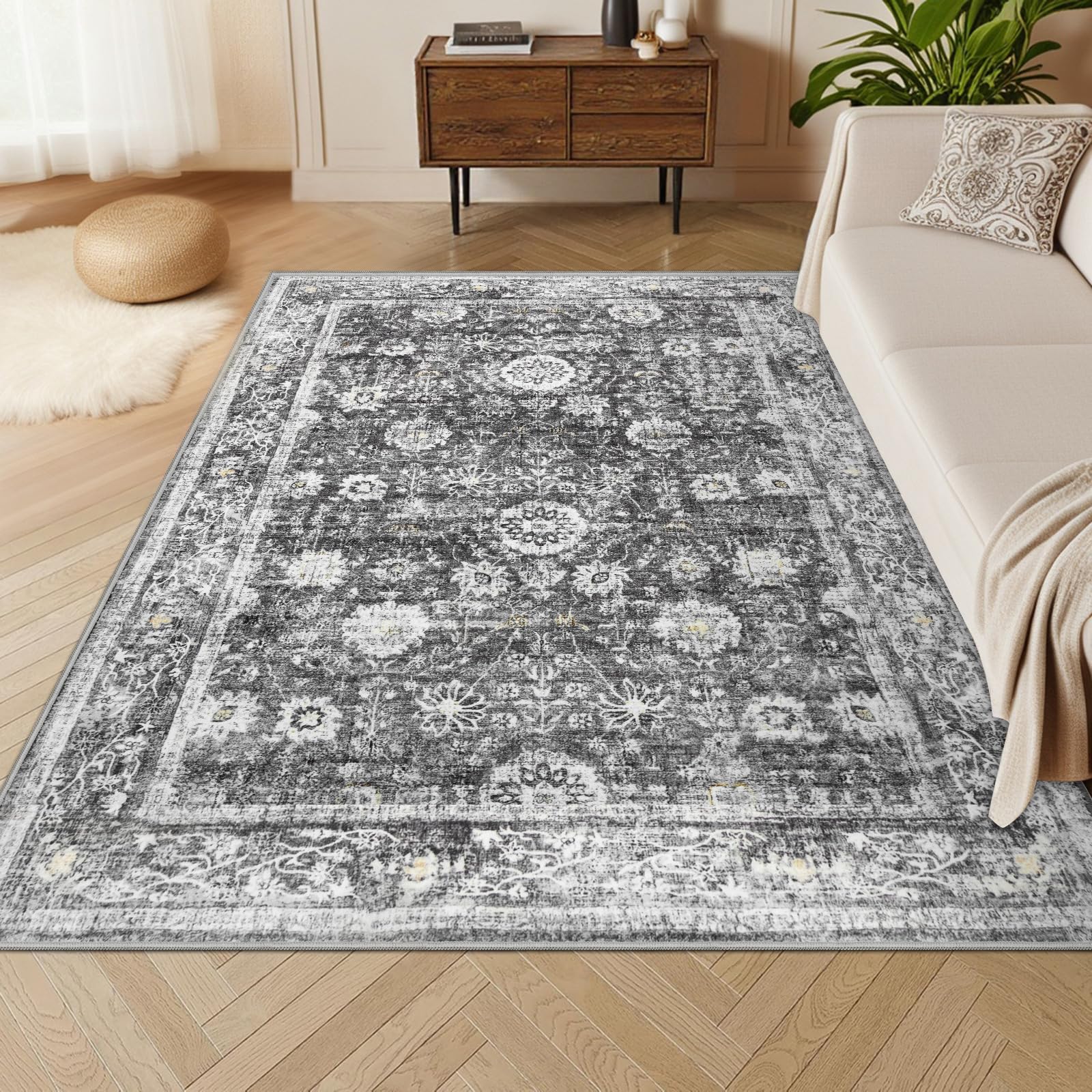 Alfombra bohemia impresión vintage gris floral suave de pelo bajo antideslizante
