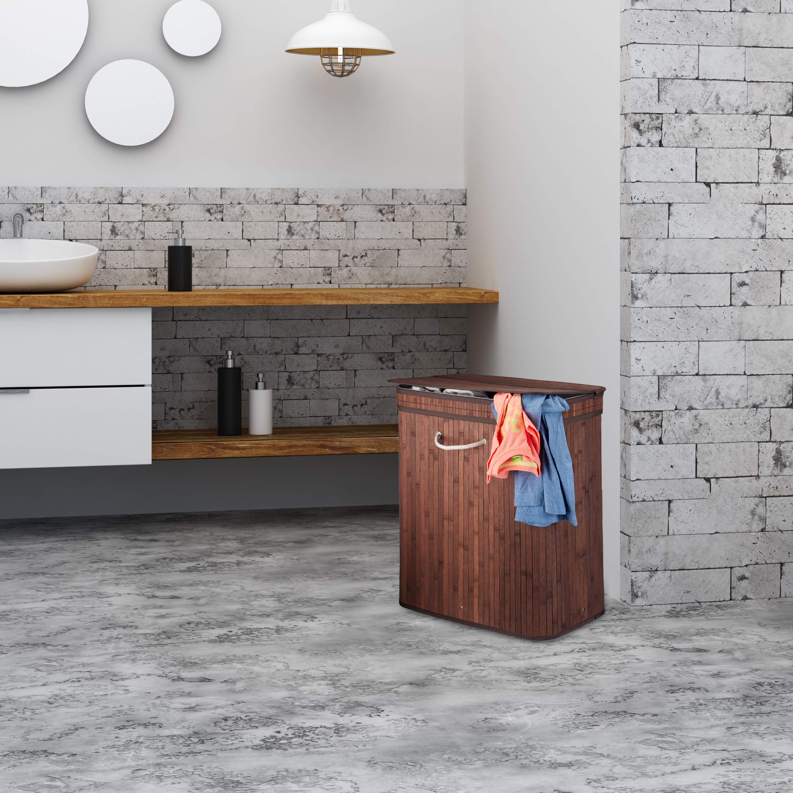Relaxdays Wäschekorb Bambus, rechteckiger Wäschesortierer, 2 Fächer, mit Klappdeckel, platzsparend faltbar, 95 l, grau