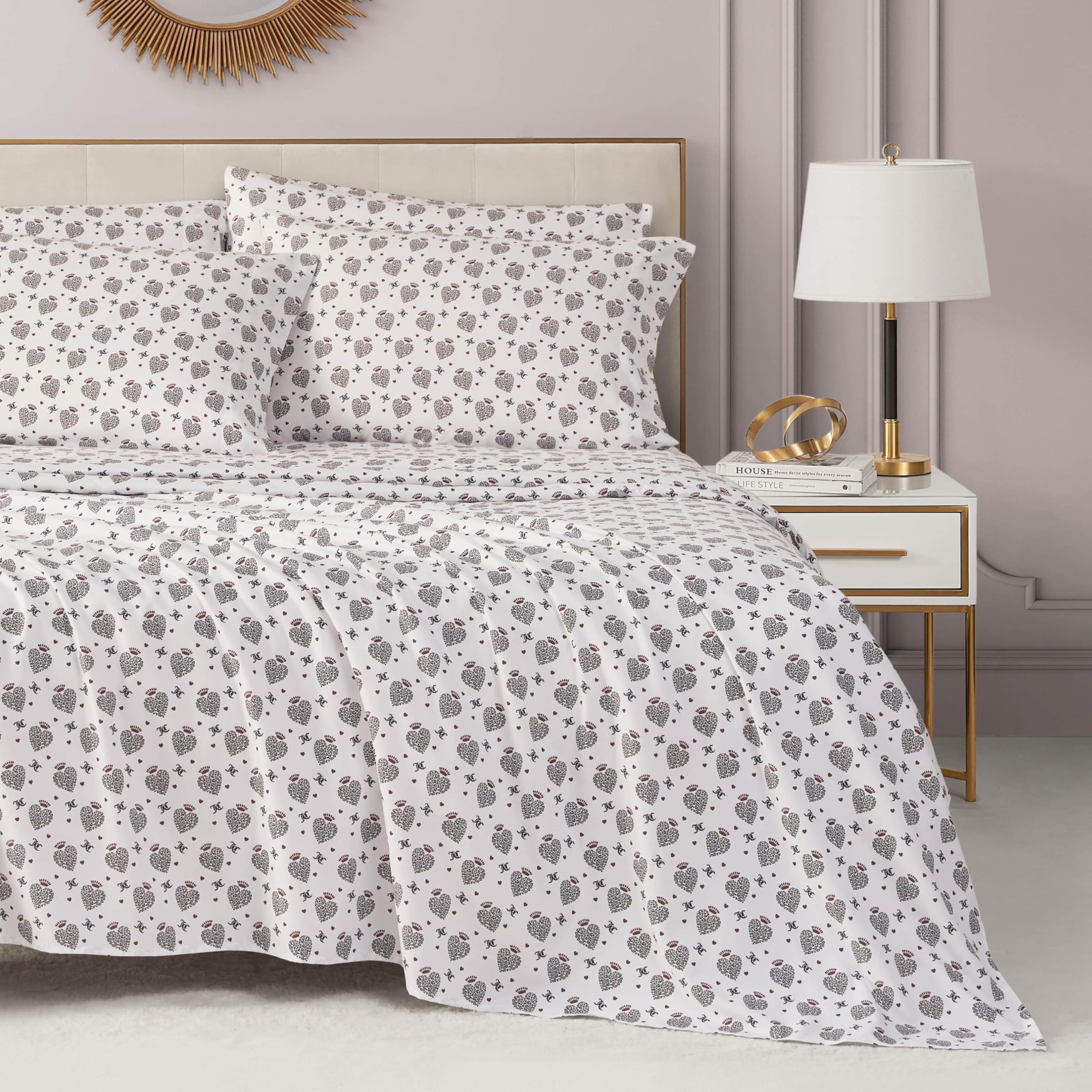 Juicy Couture Printed Microfiber 4-Piece Twin Sheet Set, Royal Leopard Hearts White