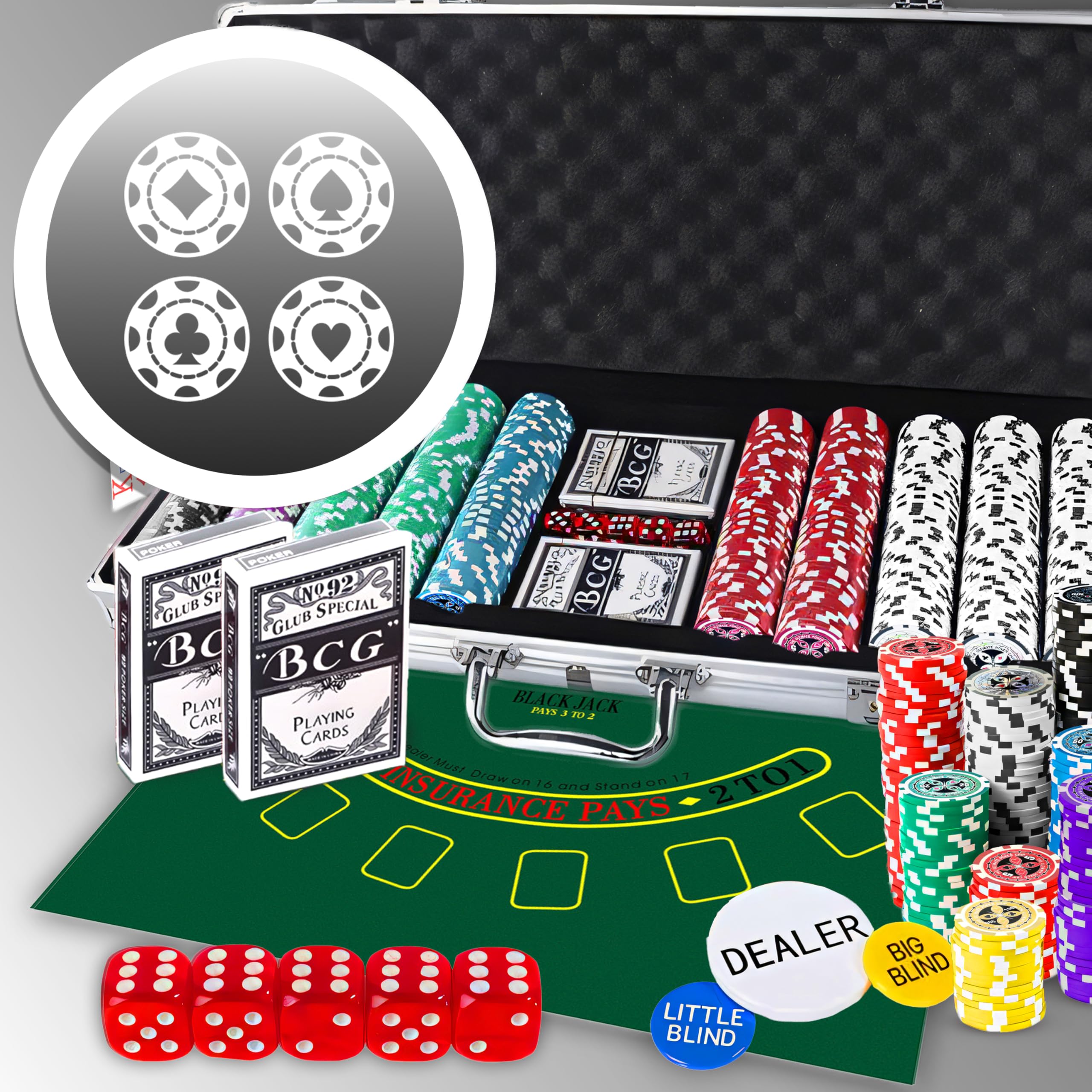 Retoo Juego de Póquer 500 Fichas Cartas y Alfombrilla con Maletín para Texas Holdem Blackjack, 2 Barajas 5 Dados, 3 Botones, 1 Tapete Maletín de Aluminio con Cerradura para Profesionales y Aficionados