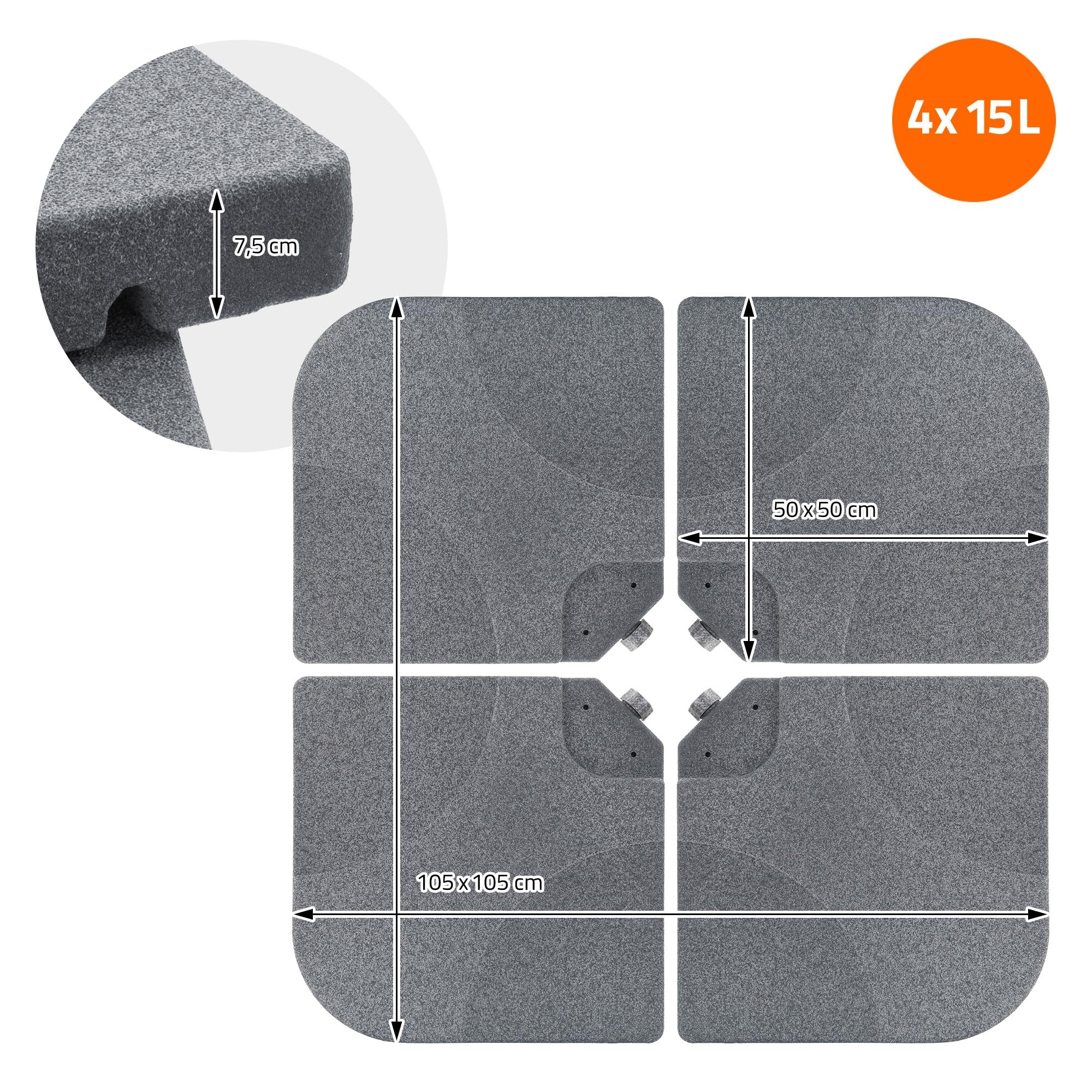 ML-Design 4-czesciowa podstawa parasola ogrodowego zestaw obciazników 60L / 80 kg do podstawy krzyzowej wypelnienie woda lub piaskiem wyglad kamienia odporna na warunki atmosferyczne metalowe laczniki